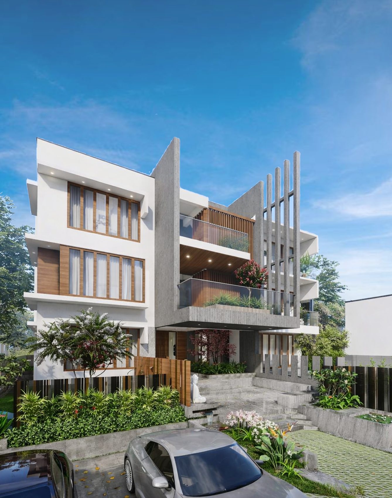 Render of the Singh Residence in Jehanabad, Bihar, a white and timber house with projecting fins and balconies