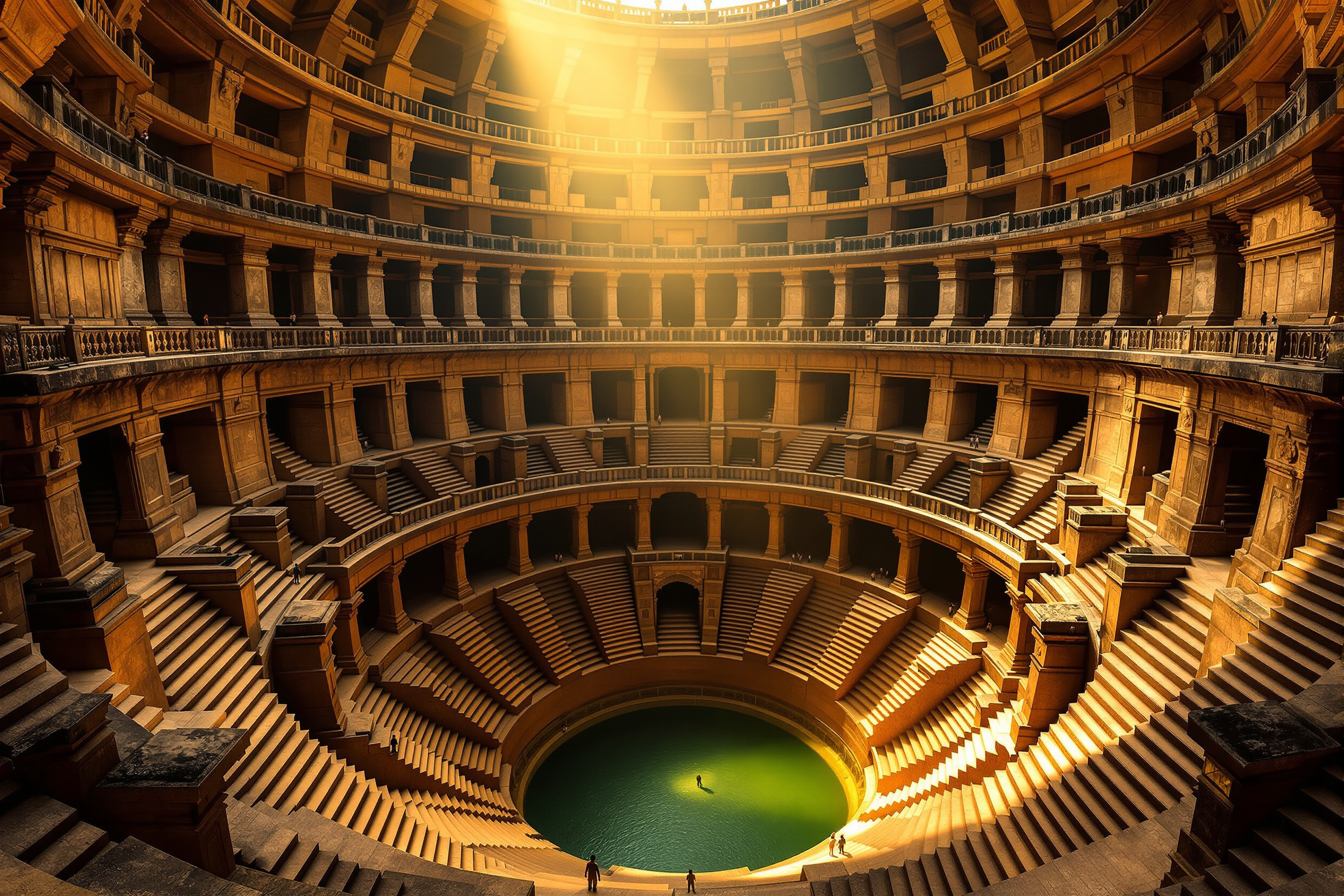 The vast criss-crossing stone steps and carved galleries of an ancient Indian stepwell descending to a pool of water