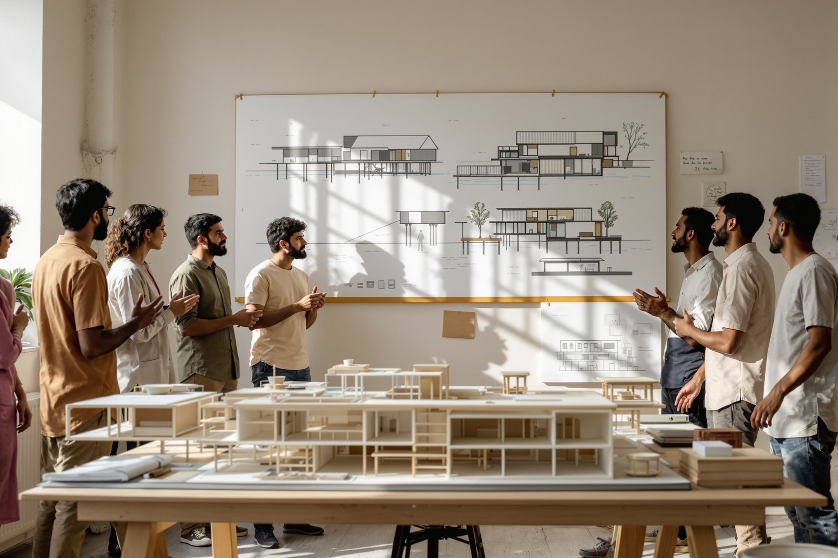 A student architecture review in India, a model of a stilt housing cluster and wall sections of a house floating on floodwater