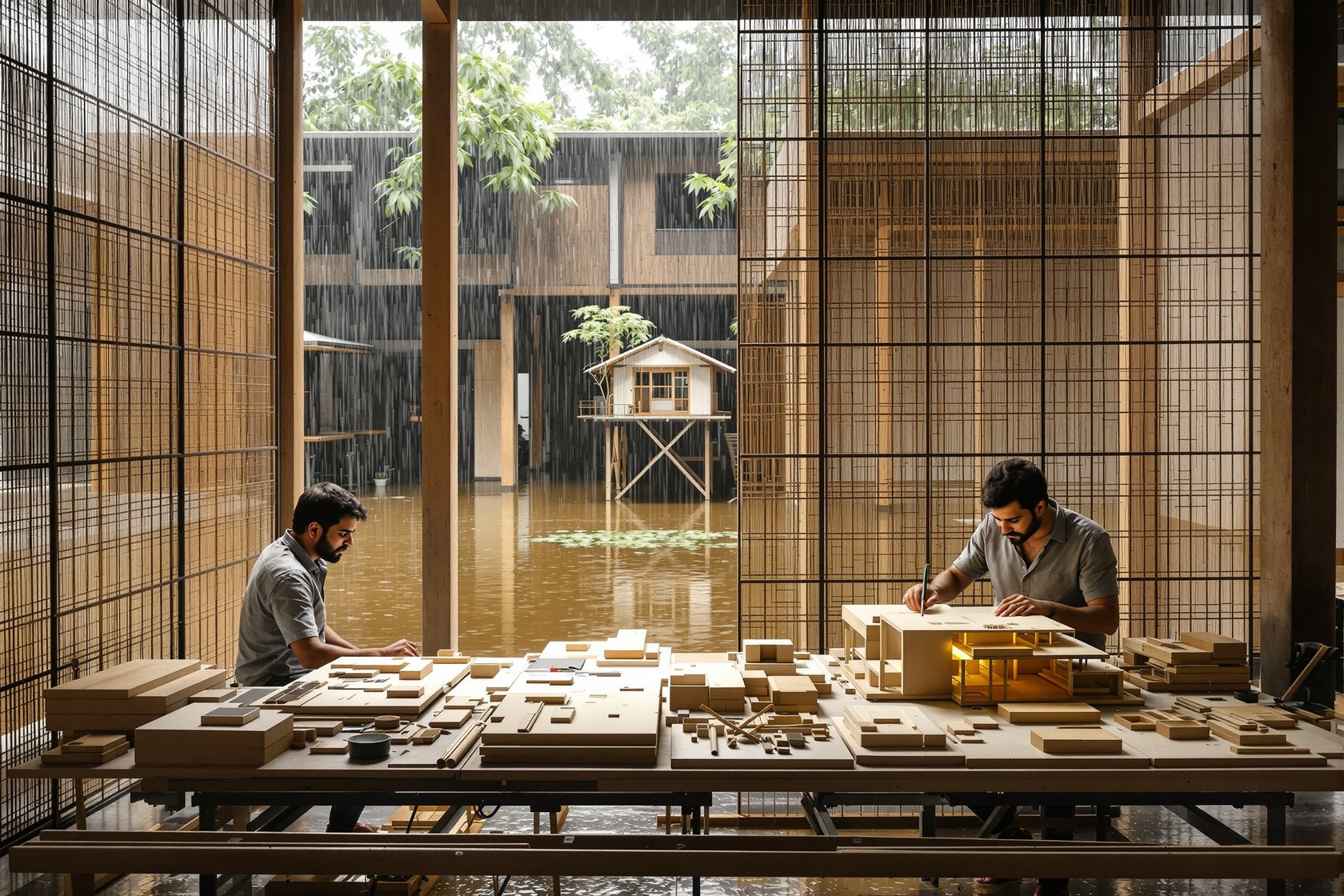 Inside a small flood-country architecture studio during heavy rain, two architects working over drawings and a stilt-house section model