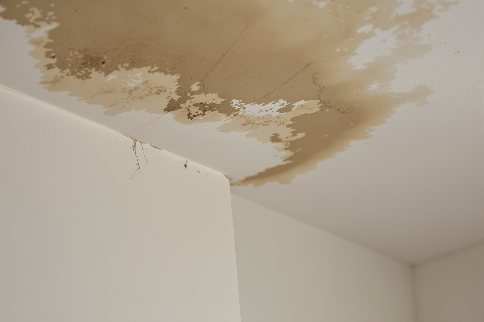 A corner of a gypsum false ceiling with a brown damp stain and a slight sag after the monsoon