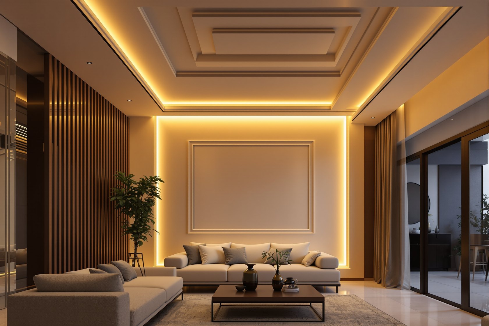 A contemporary Indian living room with a layered gypsum false ceiling and warm recessed cove lighting