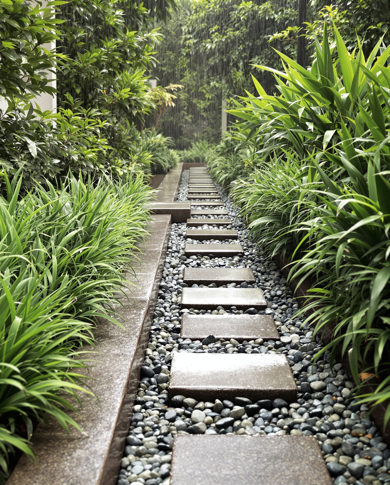 A planted swale and permeable stepping-stone path in an Indian rain garden, absorbing rainfall into the ground