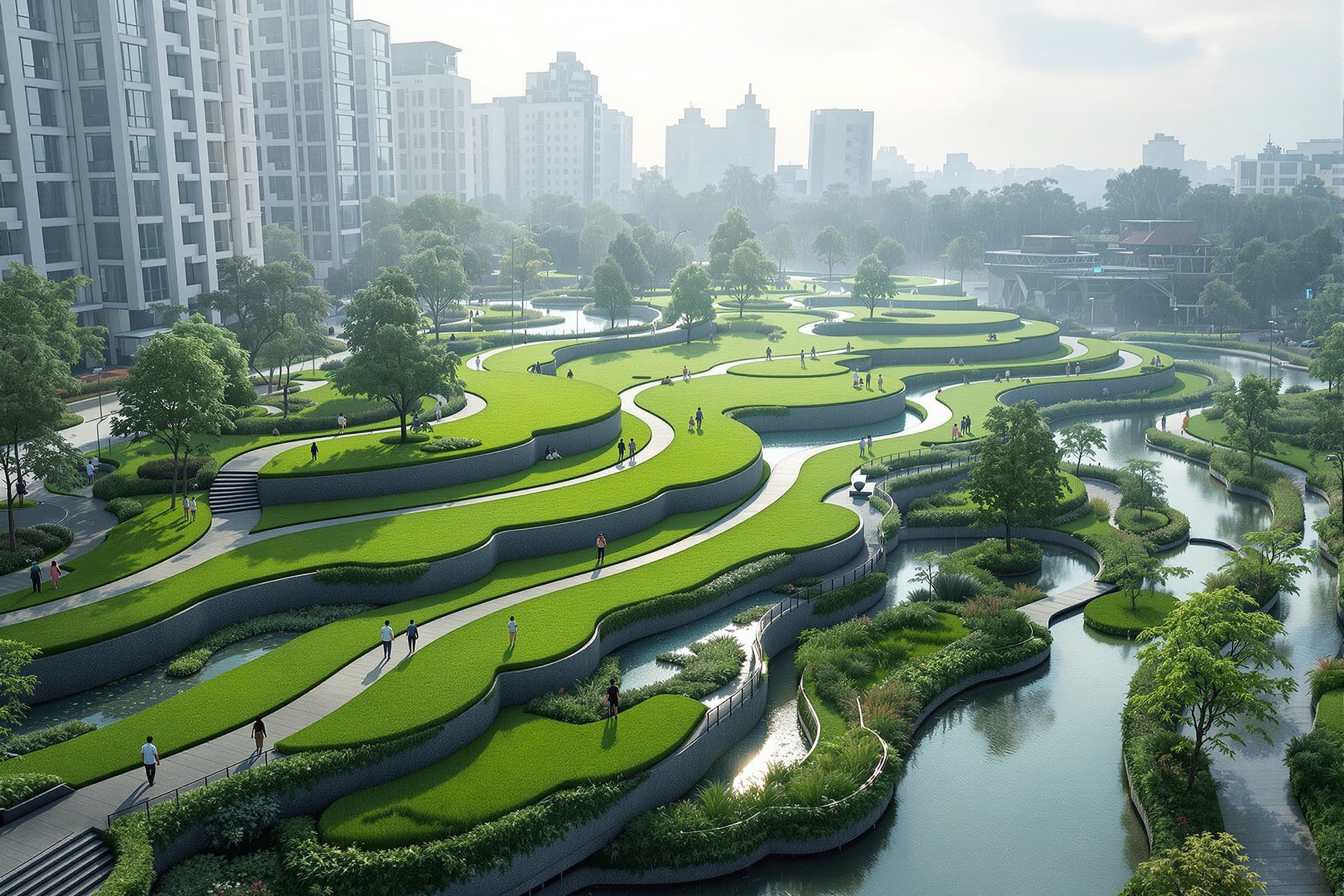 An Indian urban park designed as stormwater infrastructure — terraced lawns and winding water channels holding rain