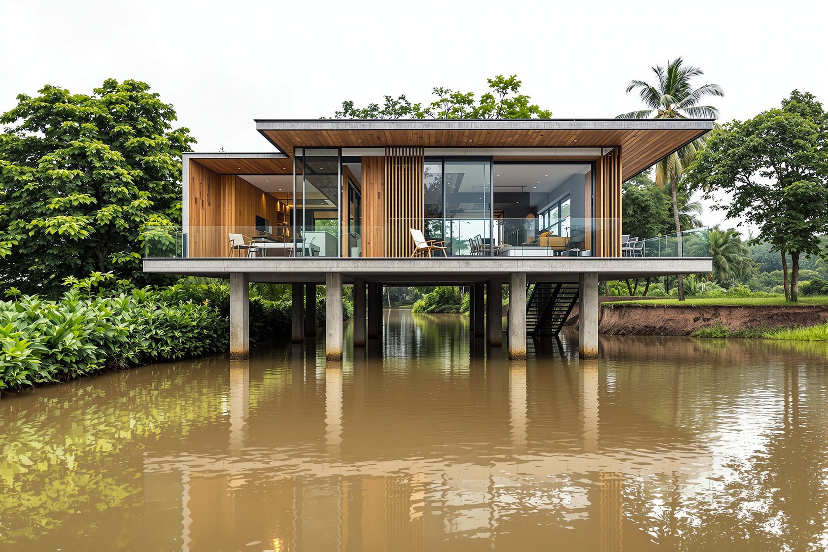 A contemporary Indian house raised on concrete stilts above brown monsoon floodwater, staying dry on the elevated living floor