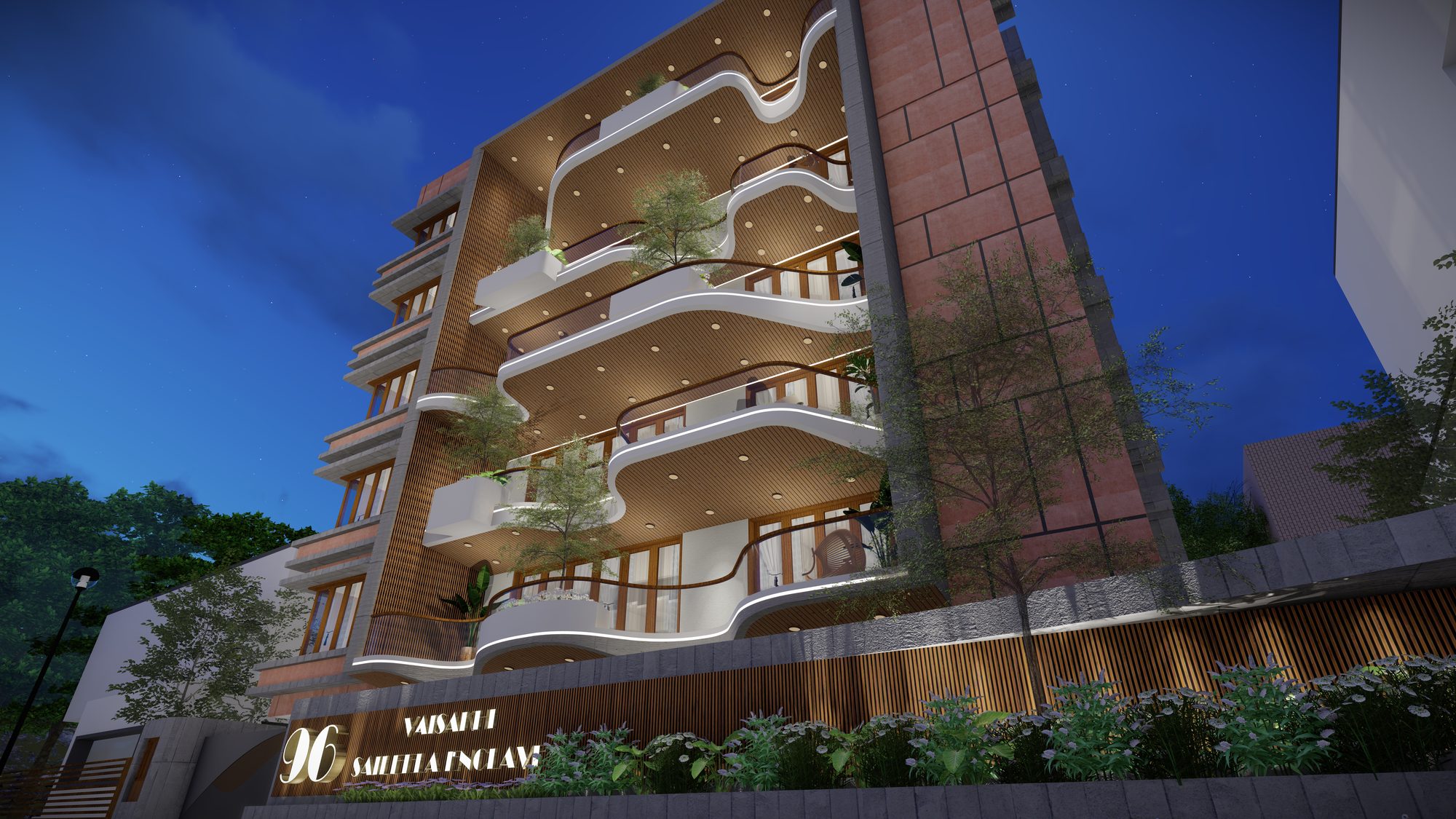 Render of Vaisakhi Saileela Enclave in Visakhapatnam at night, an apartment block with curved white balconies set in a brick frame