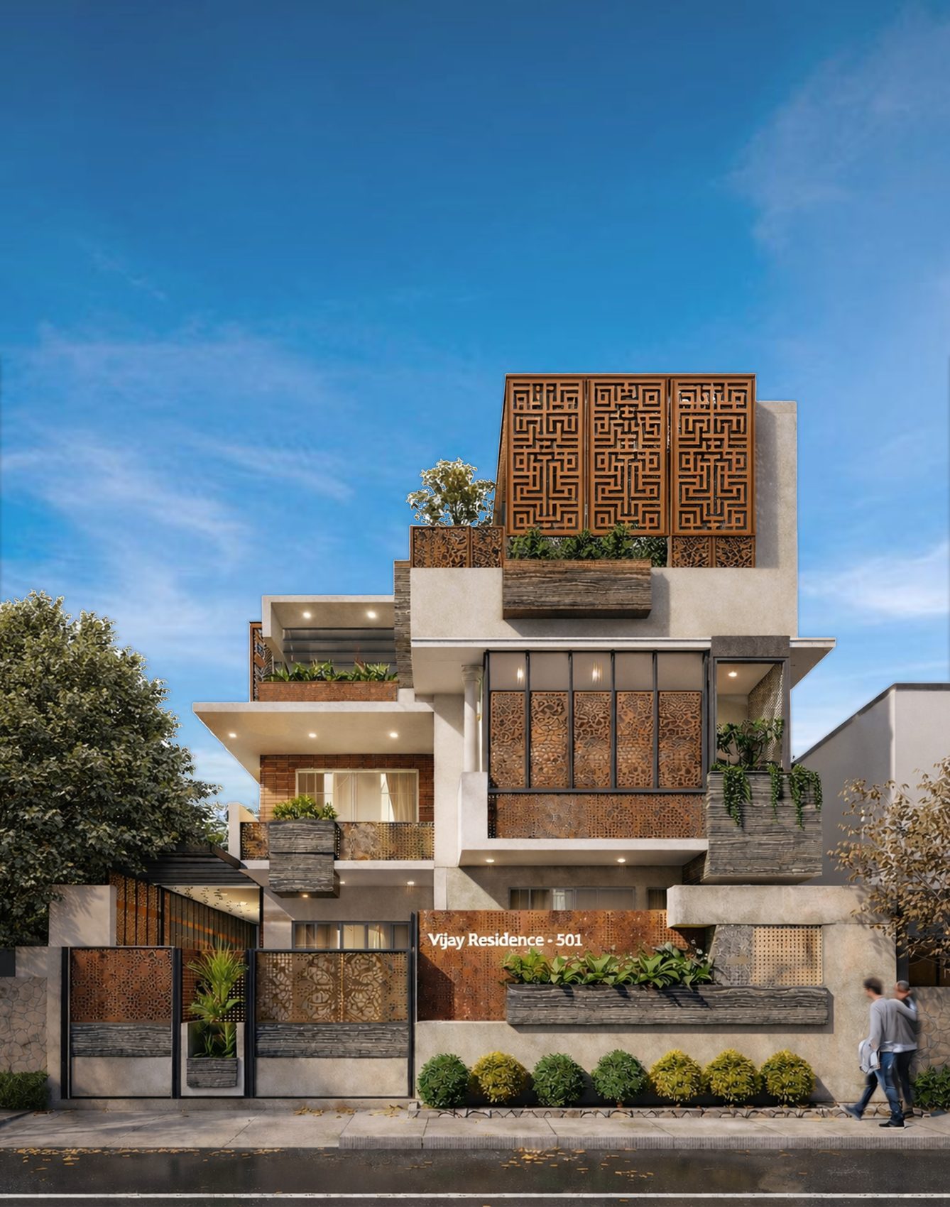 Render of the Vijay Residence in Bengaluru, a stacked house with perforated screens and planted terraces