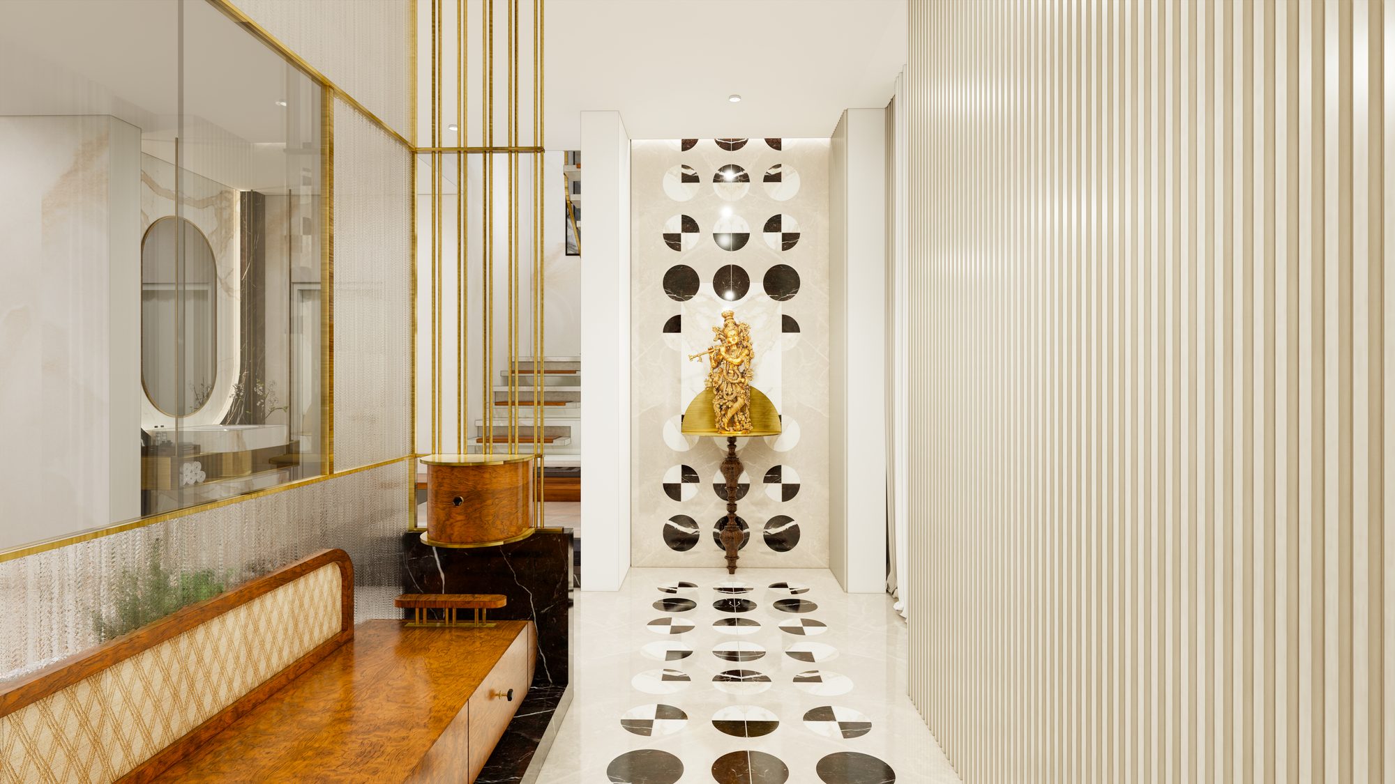 Render of the entrance gallery at the Vijay Residence, with fluted walls, brass screens and an inlaid marble floor leading to a shrine niche