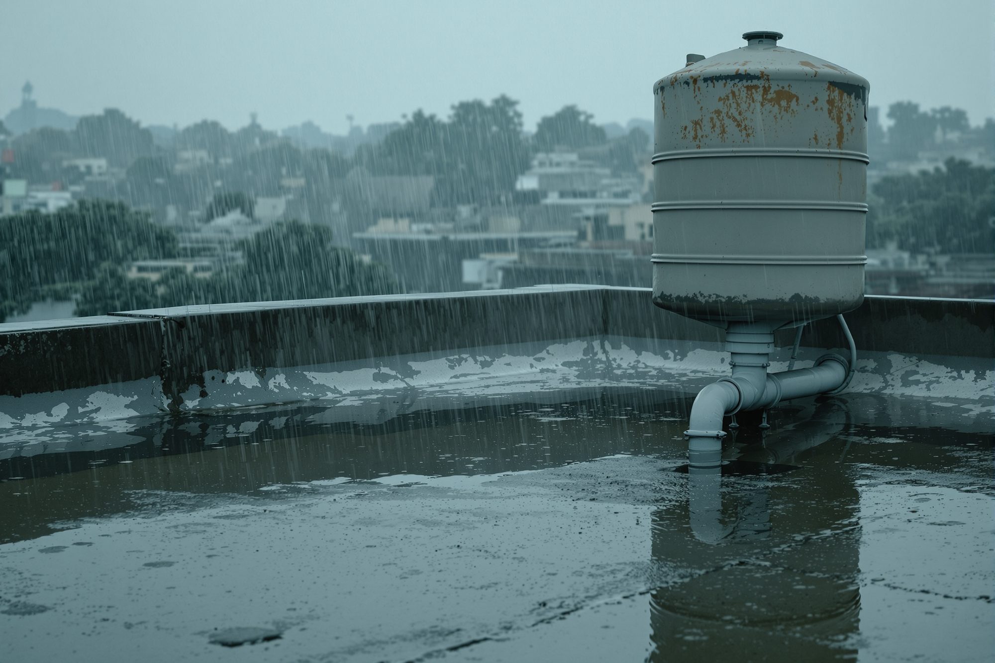 Monsoon rain falling on an Indian concrete terrace roof, water running to a downpipe beside a rooftop tank