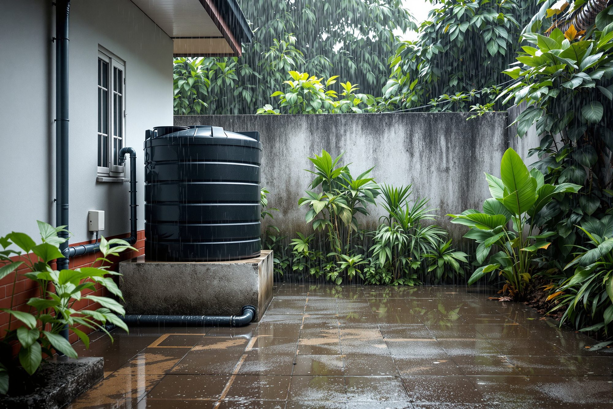 A black cylindrical rainwater storage tank on a concrete base beside a house in monsoon rain, fed by a roof downpipe with pipework running to a recharge pit