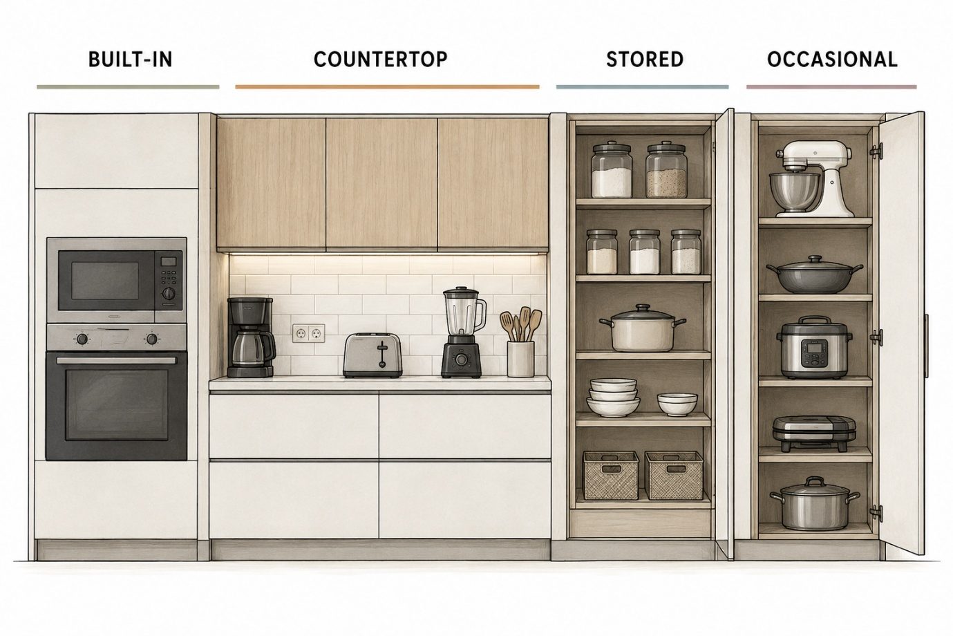 An elevation diagram of a kitchen wall zoned into four labelled bands — BUILT-IN, COUNTERTOP, STORED and OCCASIONAL — each holding its assigned appliances