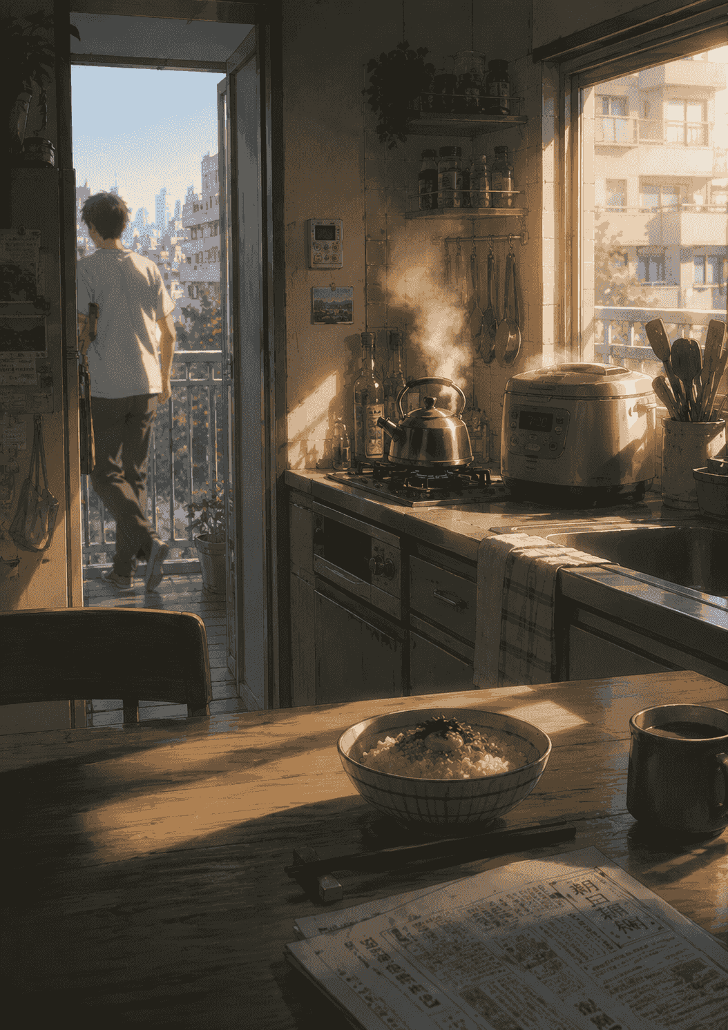 A compact Tokyo apartment kitchen at dawn, a resident by the window looking over the city, dough resting on the counter