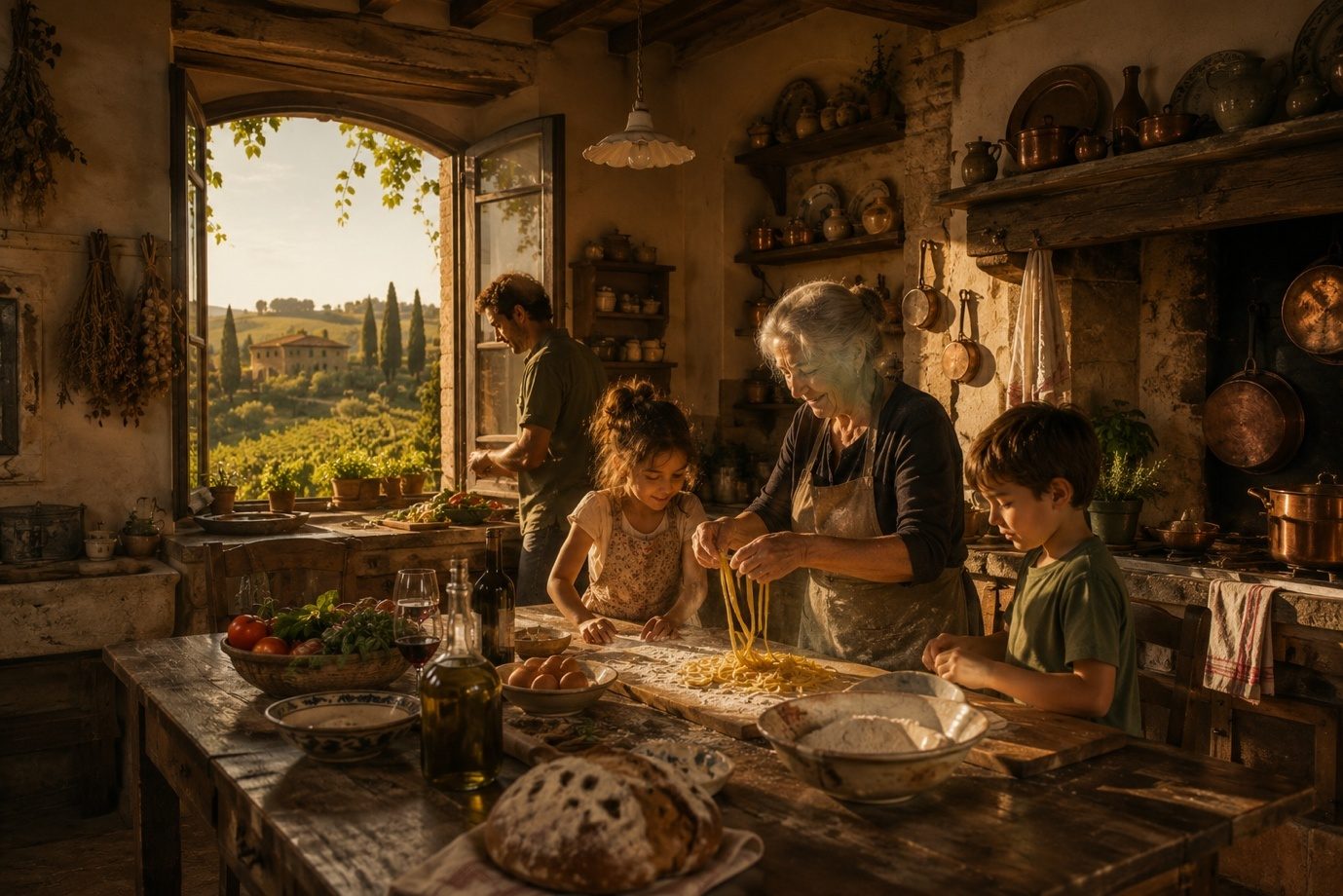 A Tuscan farmhouse kitchen where a grandmother and children make fresh pasta at a large wooden table, a vineyard beyond the window