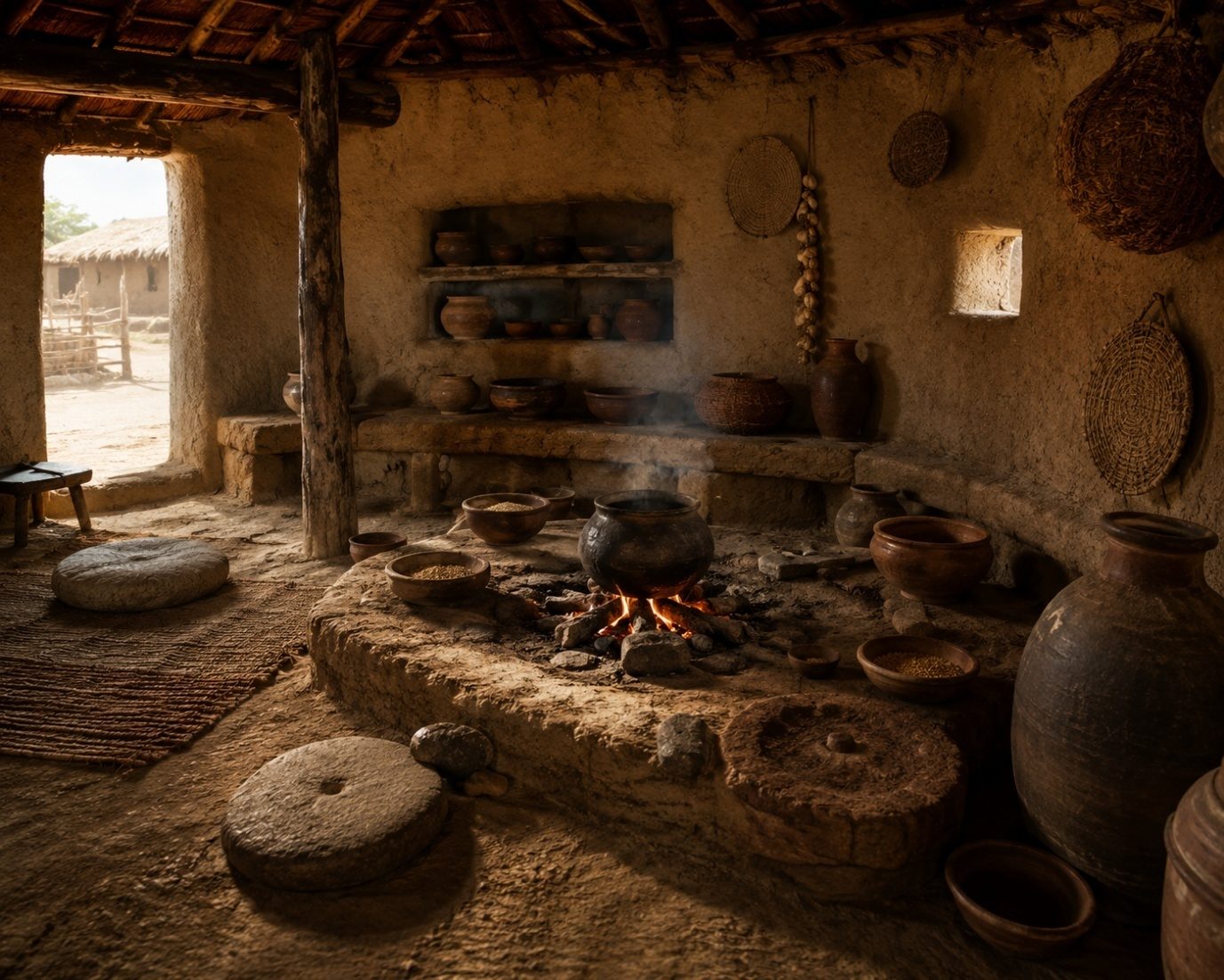A rustic ancient kitchen built around an open hearth fire, with a grinding stone, clay pots and hanging utensils
