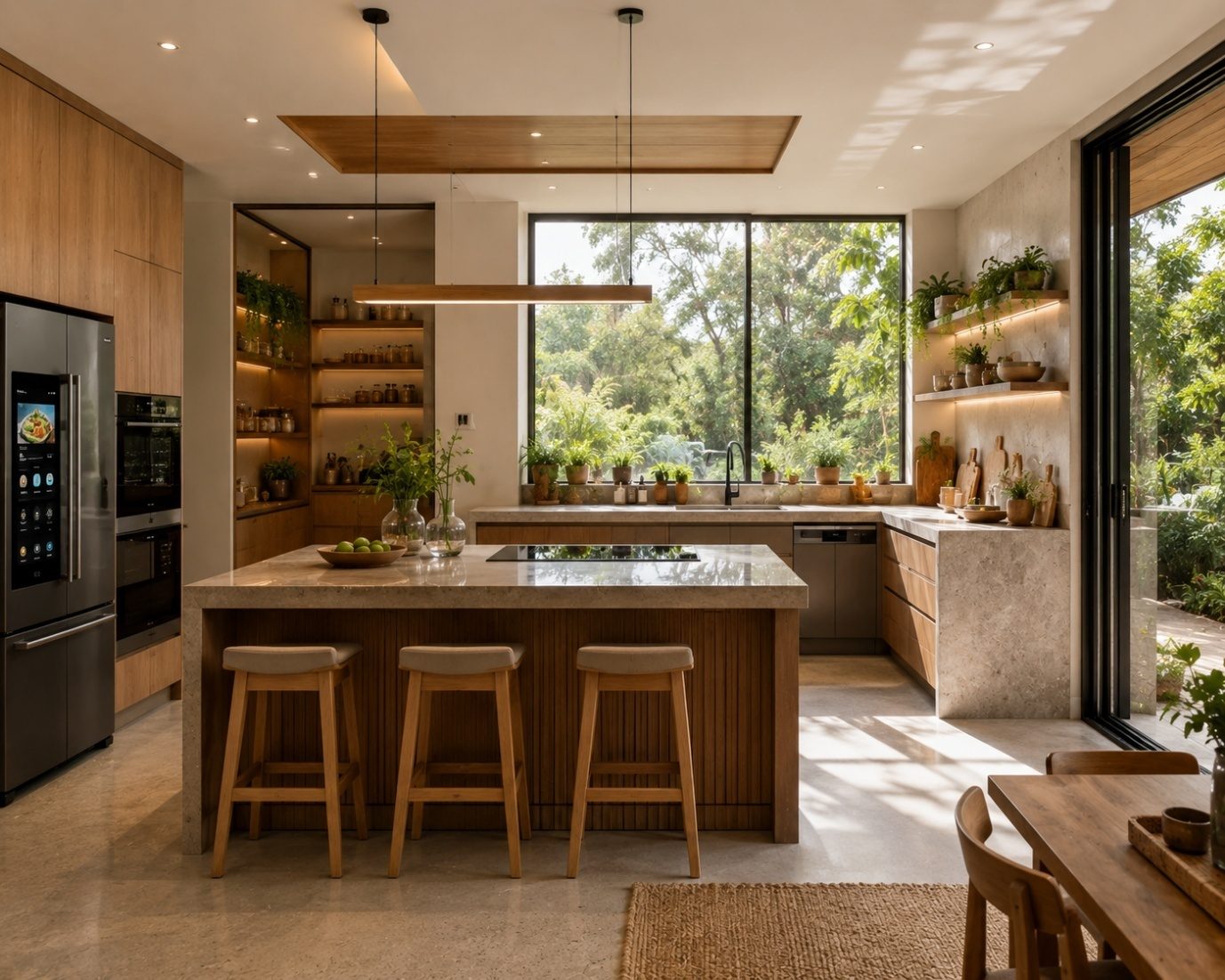 A contemporary open-plan kitchen with a large island, integrated appliances, greenery and full-height glazing to a garden