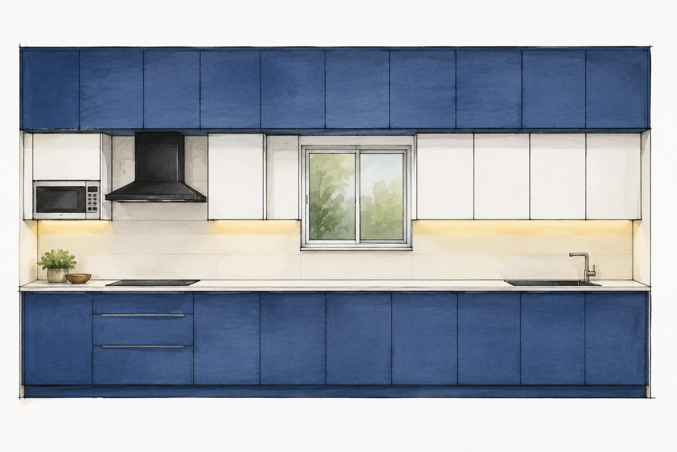 A watercolour front elevation of a navy-blue kitchen with chimney, microwave, window and sink