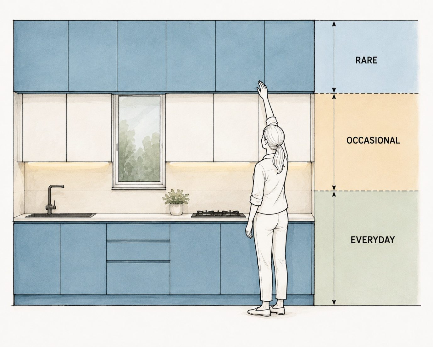 A kitchen elevation diagram showing rare, occasional and everyday storage reach zones by height