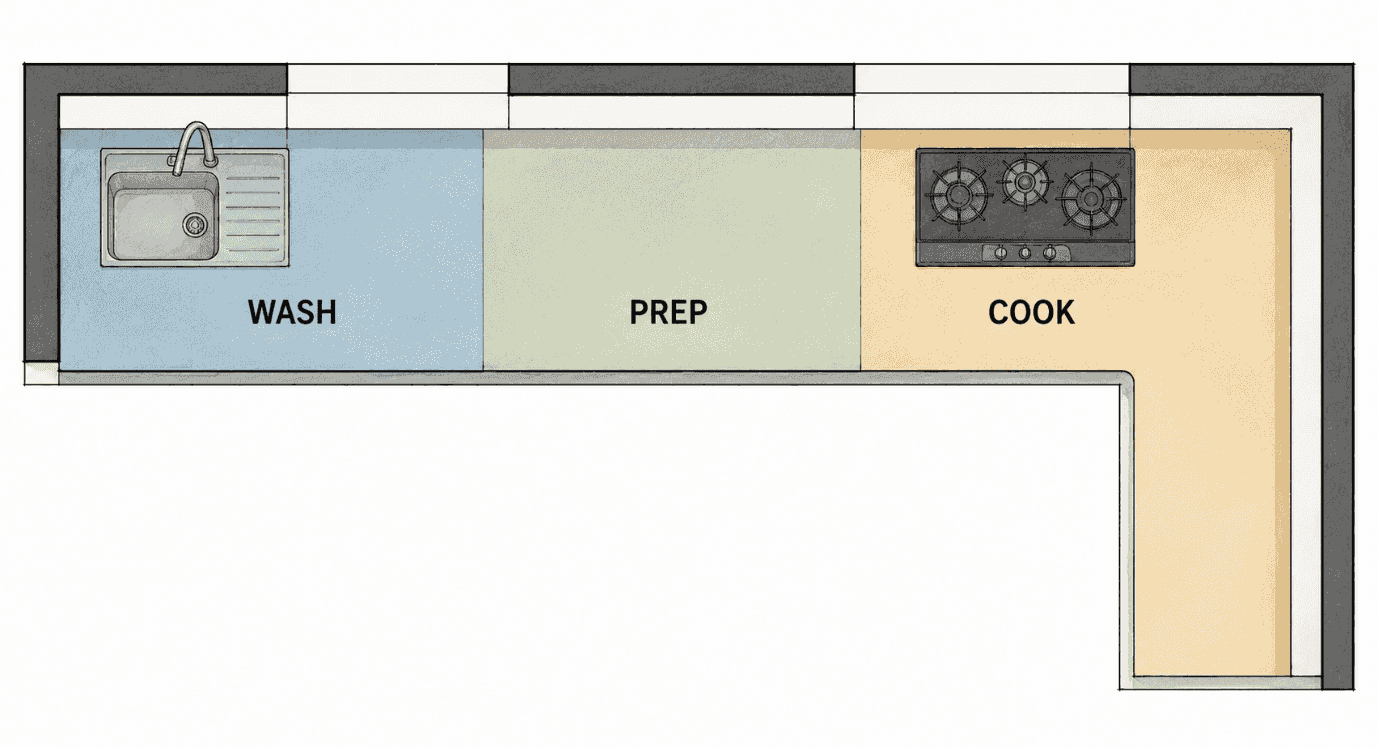 Diagram of the counter as a working line divided into wash, prep and cook zones around the sink and cooktop