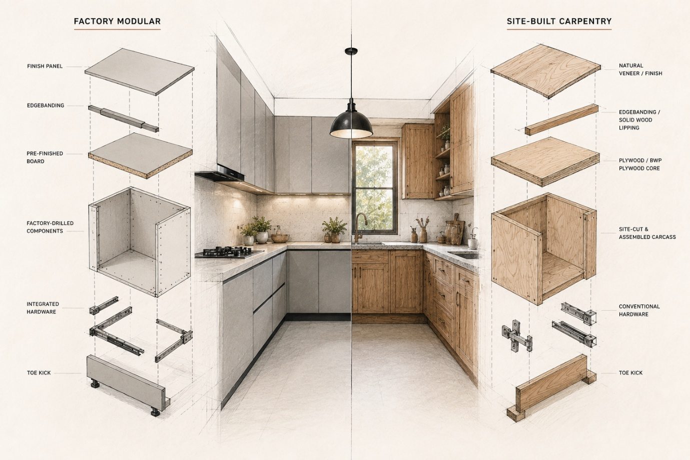 An exploded diagram comparing factory-modular and site-built carpentry cabinet components