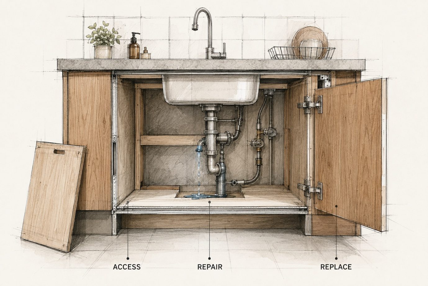 An under-sink cabinet cutaway labelled access, repair and replace, with a leaking pipe