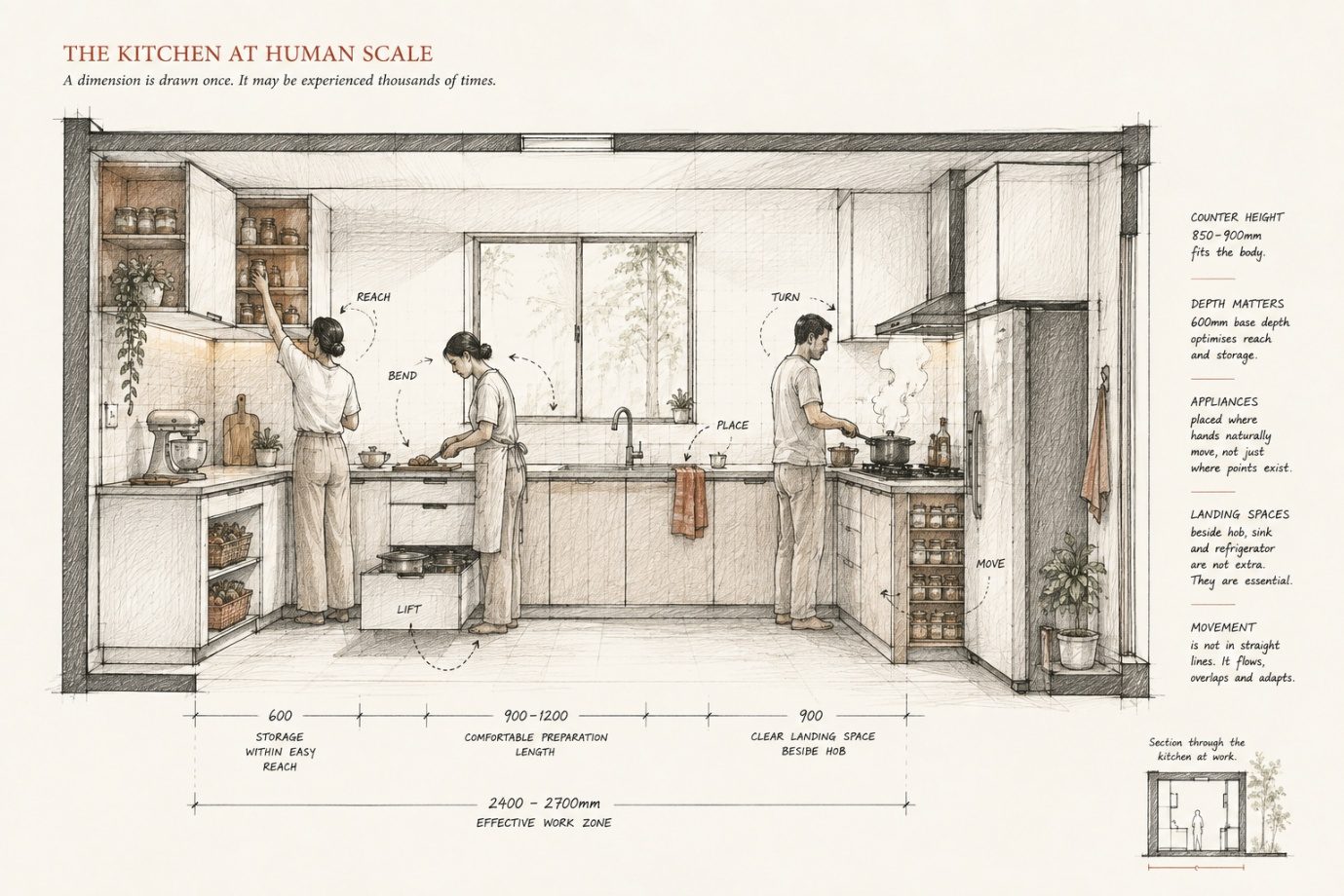 An illustrated diagram of a kitchen drawn at human scale, three cooks shown with ergonomic reach and counter-height dimensions