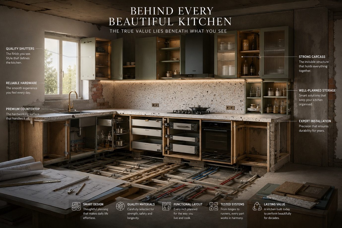 A lived-in kitchen in daily use — the pressure cooker settled beside the hob, the spice box within reach, a vessel left by the sink
