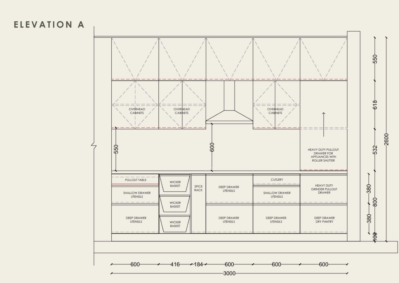 A technical elevation drawing of the kitchen cabinetry — overhead cabinets, chimney and labelled base drawers with dimensions