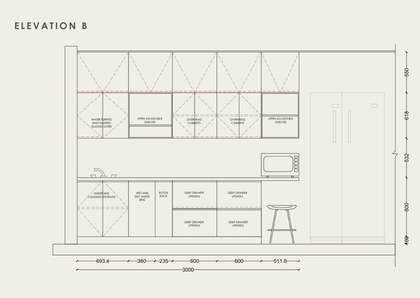 A technical elevation drawing of the kitchen cabinetry with open shelves, microwave, waste bins and a side-by-side refrigerator