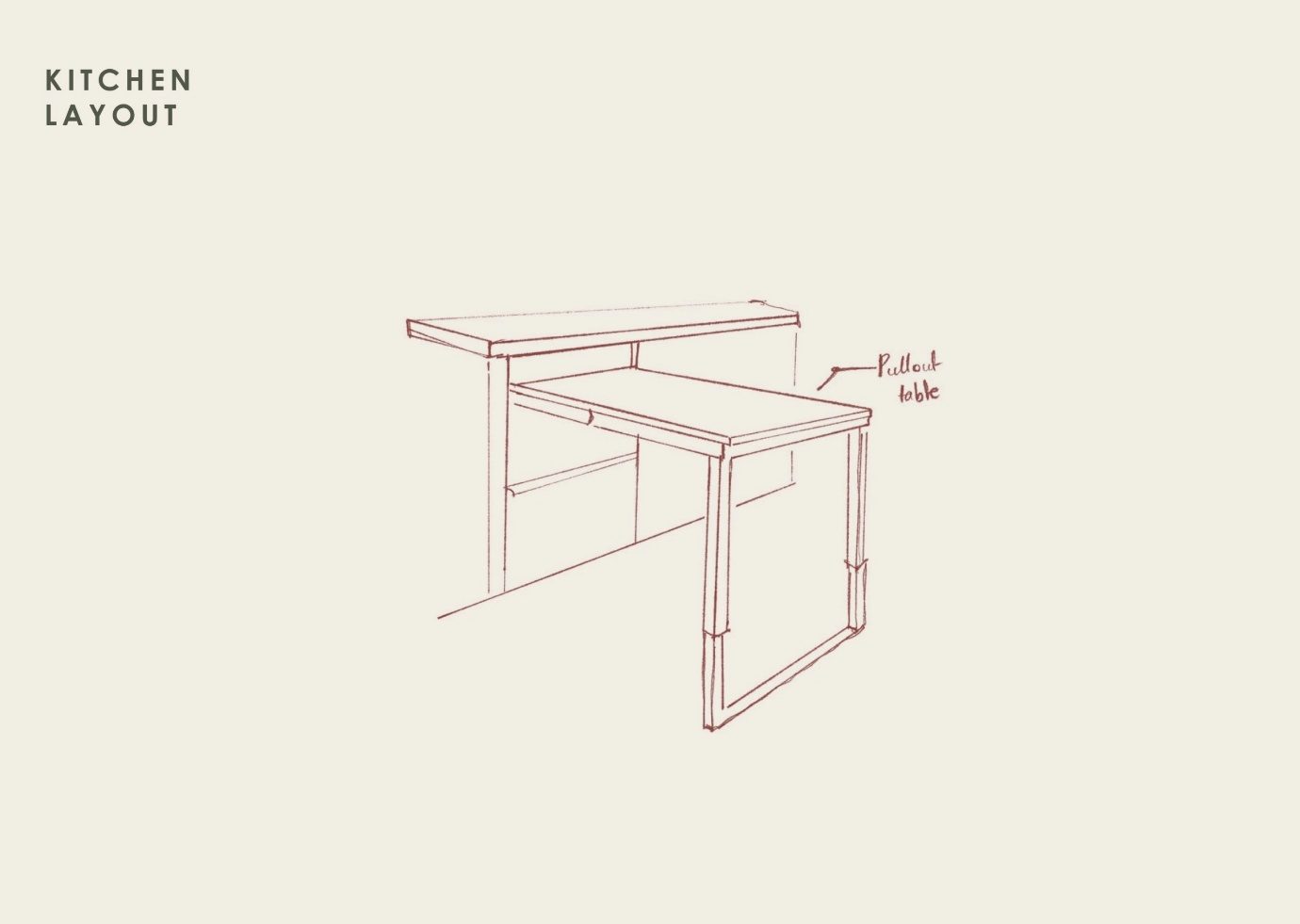 A loose sketch of a pull-out breakfast table extending from the kitchen counter