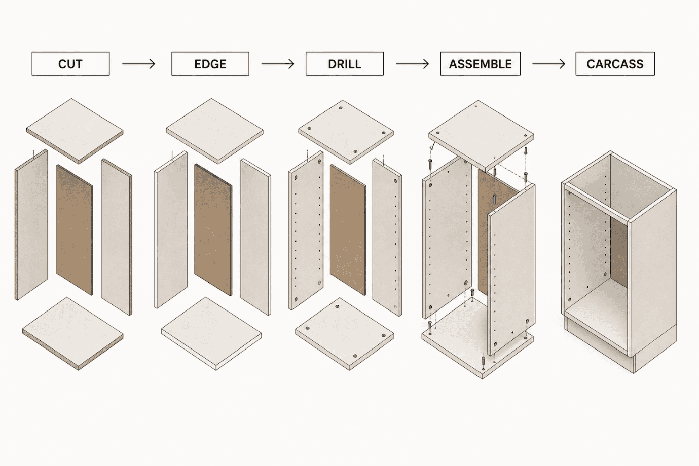 Exploded diagram showing a flat board becoming a box in stages — cut into panels, edge-banded, drilled for hardware, then assembled into a square carcass