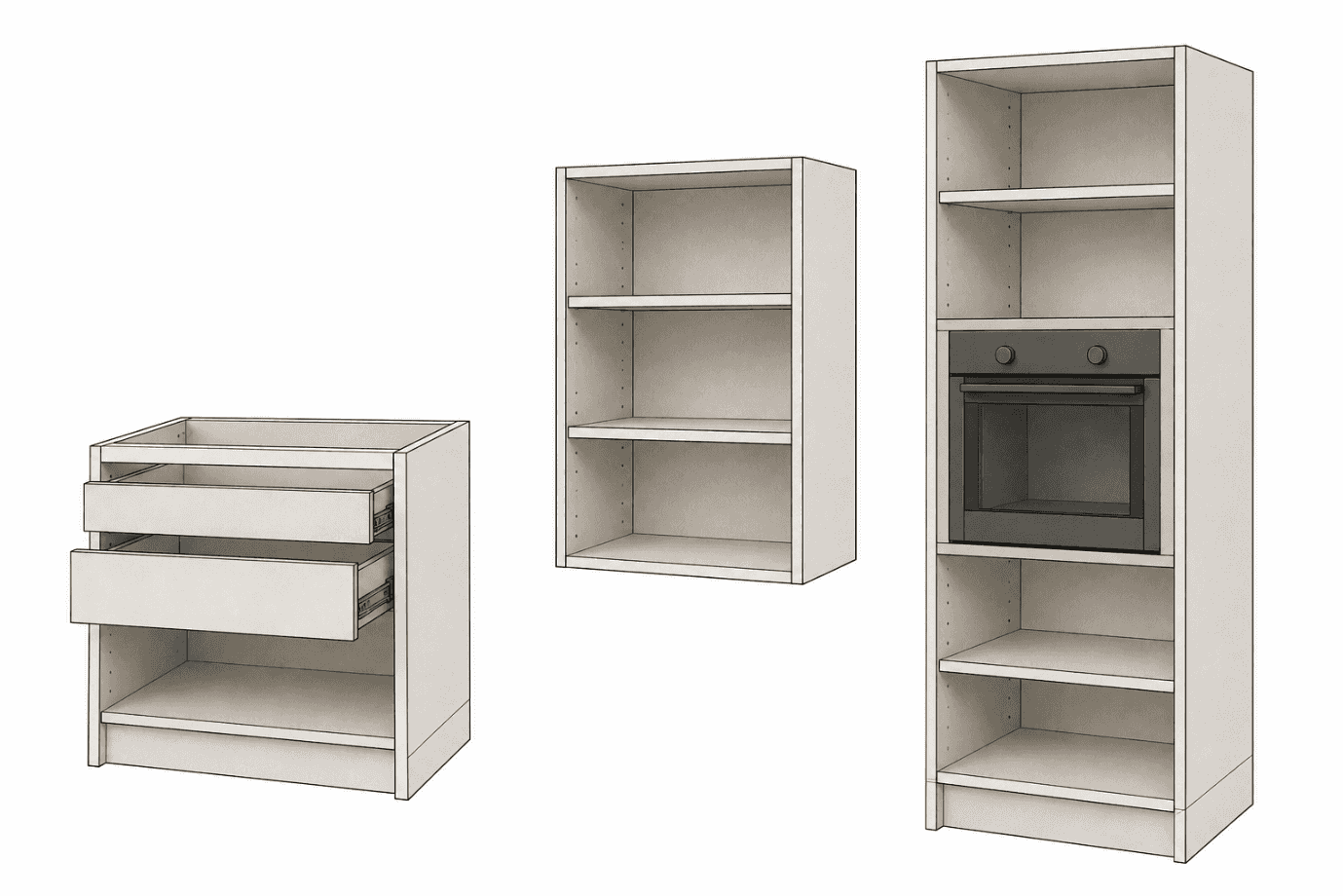 Three modular kitchen carcass types side by side — a drawer base unit, a wall unit, and a tall appliance or oven tower
