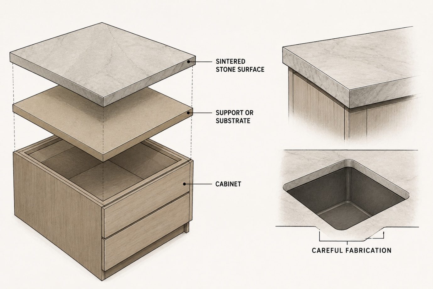 An exploded diagram: a thin sintered-stone surface above its support substrate, above the kitchen cabinet, with the sink cut-out called out