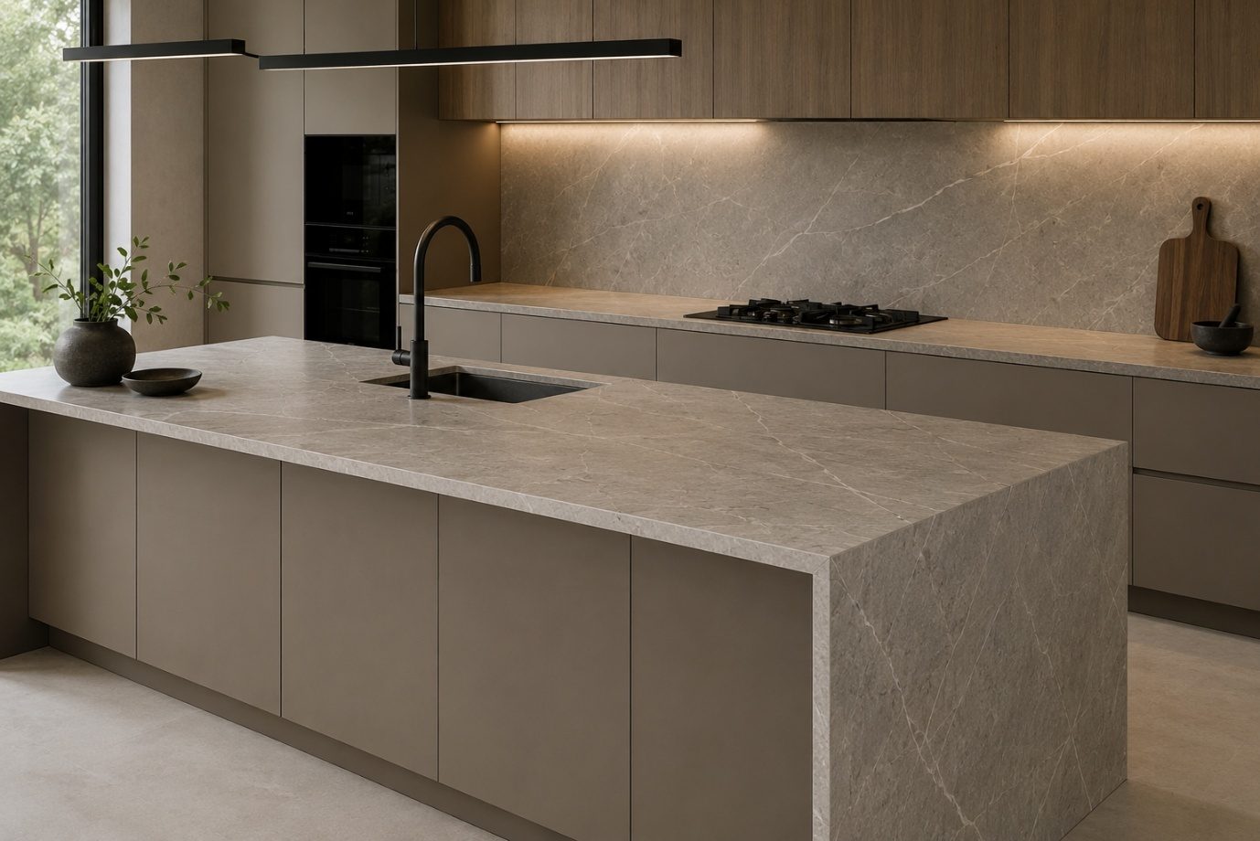 A monolithic sintered-stone kitchen island, the stone carried down its sides, set against warm timber cabinetry