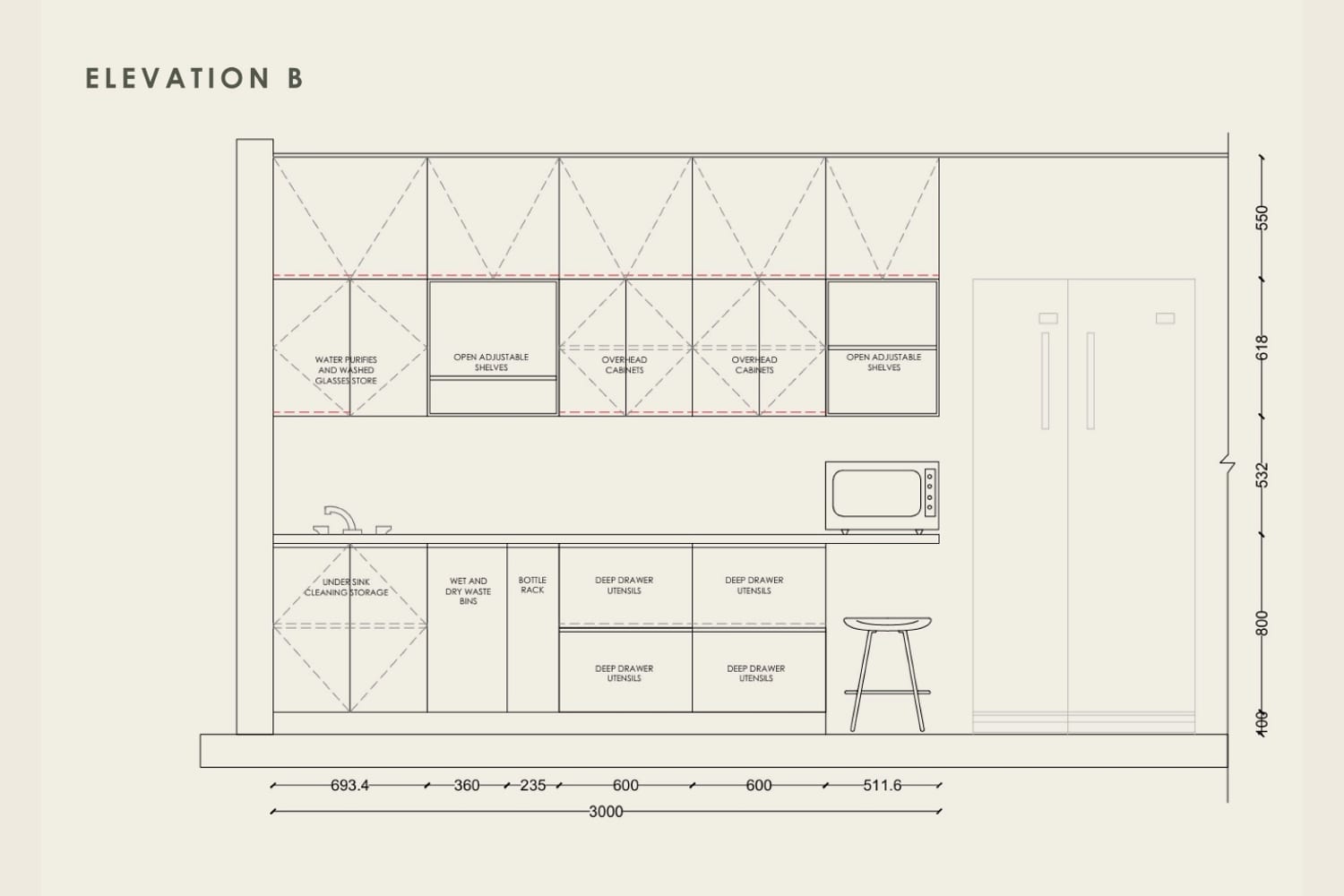 Dimensioned Elevation B — the preparation and cleaning wall, with the sink, under-sink cleaning storage, open adjustable shelves, a microwave niche, a stool and the fridge