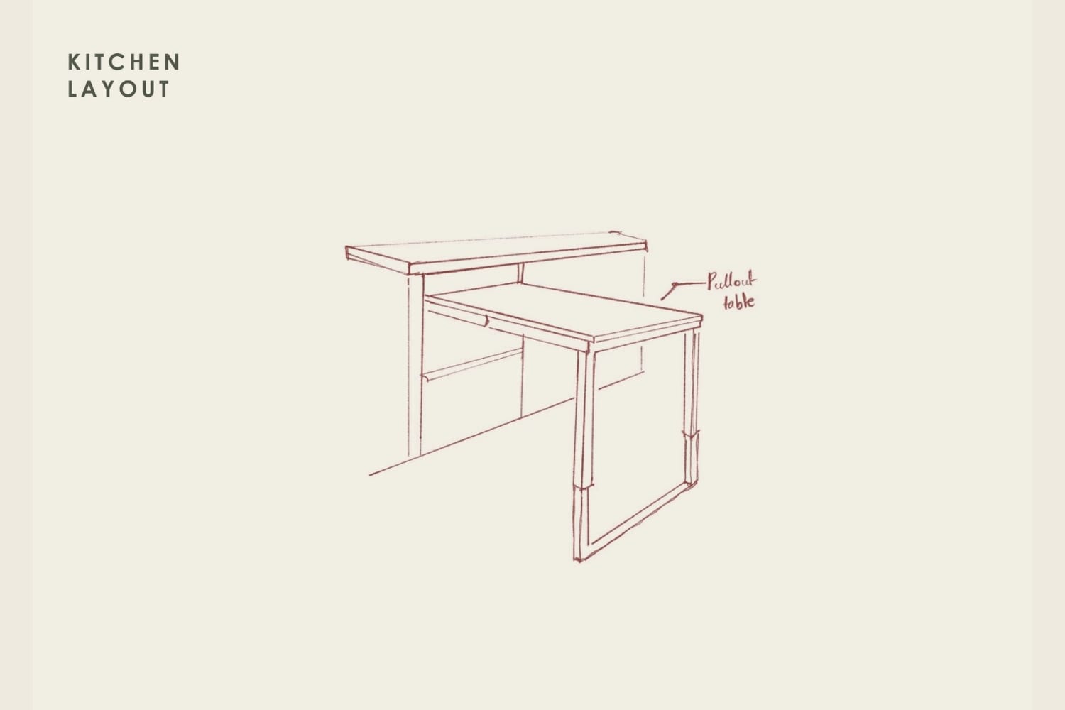 A perspective sketch of the pull-out table that slides out from under the kitchen counter to provide an extra surface
