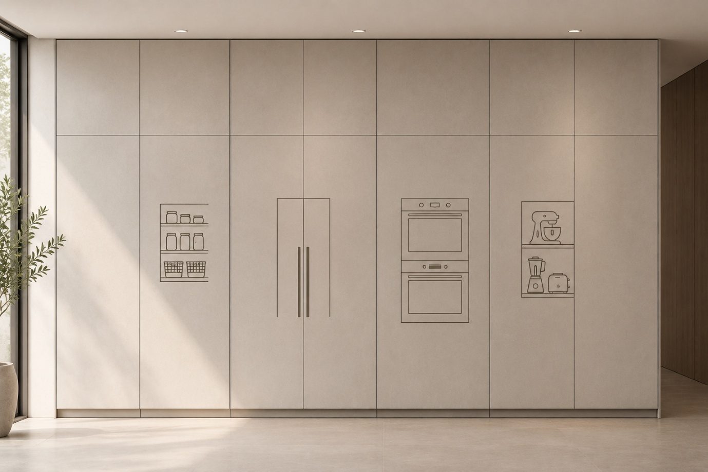 A full-height, handleless storage-wall elevation in which the fridge, pantry and ovens are concealed behind matching cabinet fronts