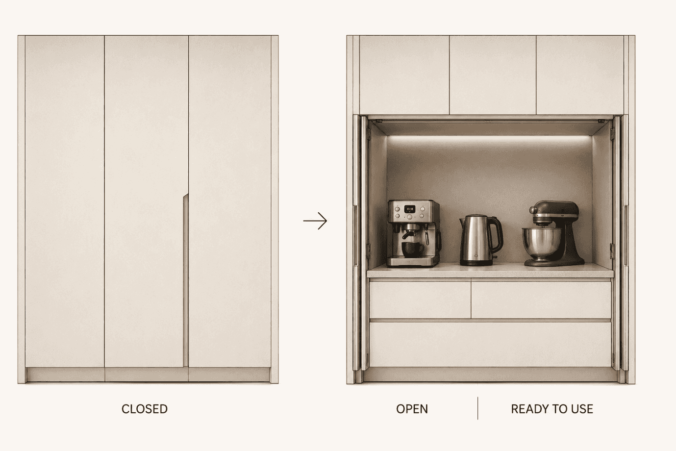 A before-and-after of an appliance garage — closed as a flush cabinet, then open to reveal a coffee machine, kettle and mixer plugged in and ready to use