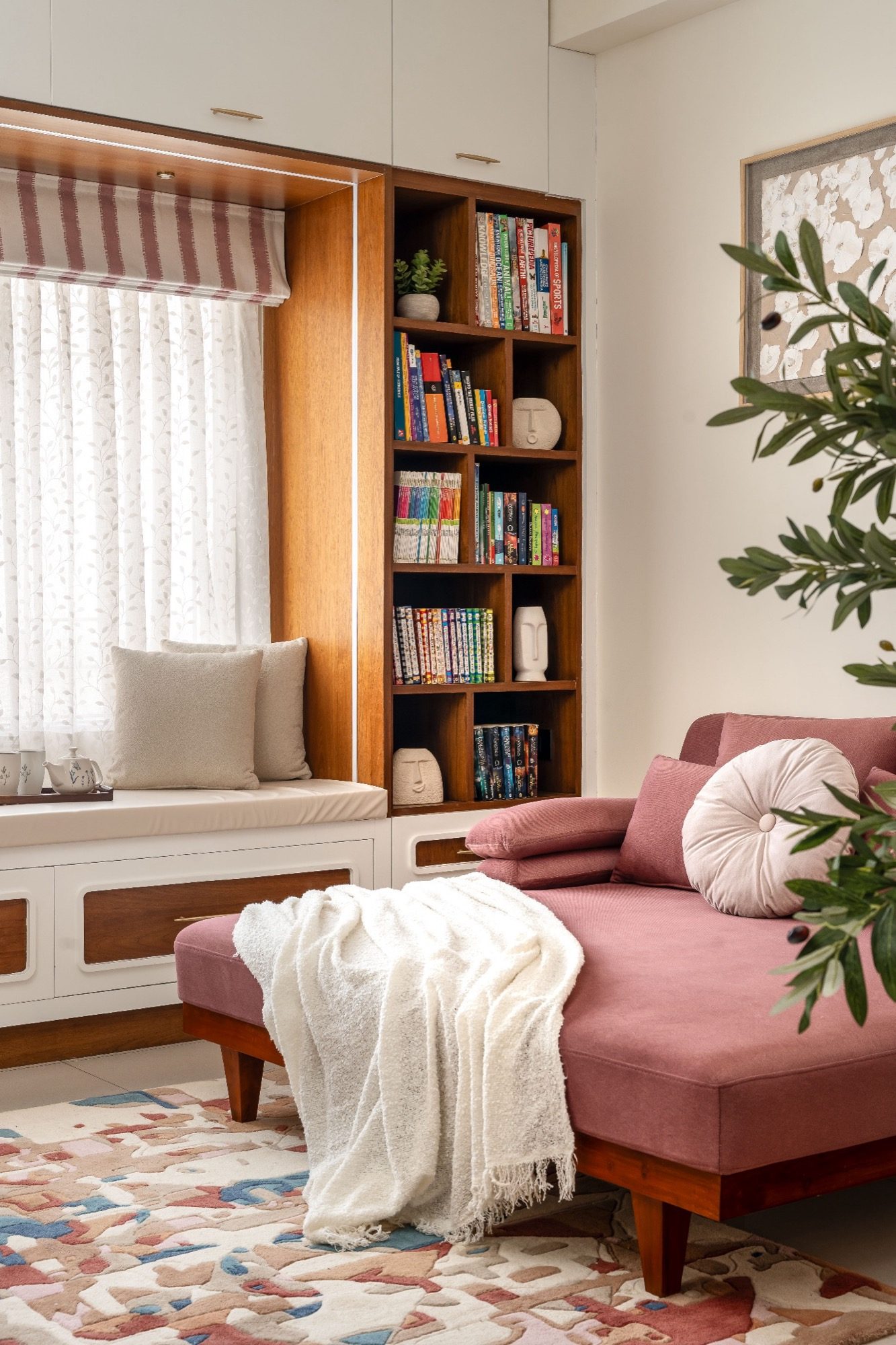 A bedroom in Dwelling with panelled walls and warm timber