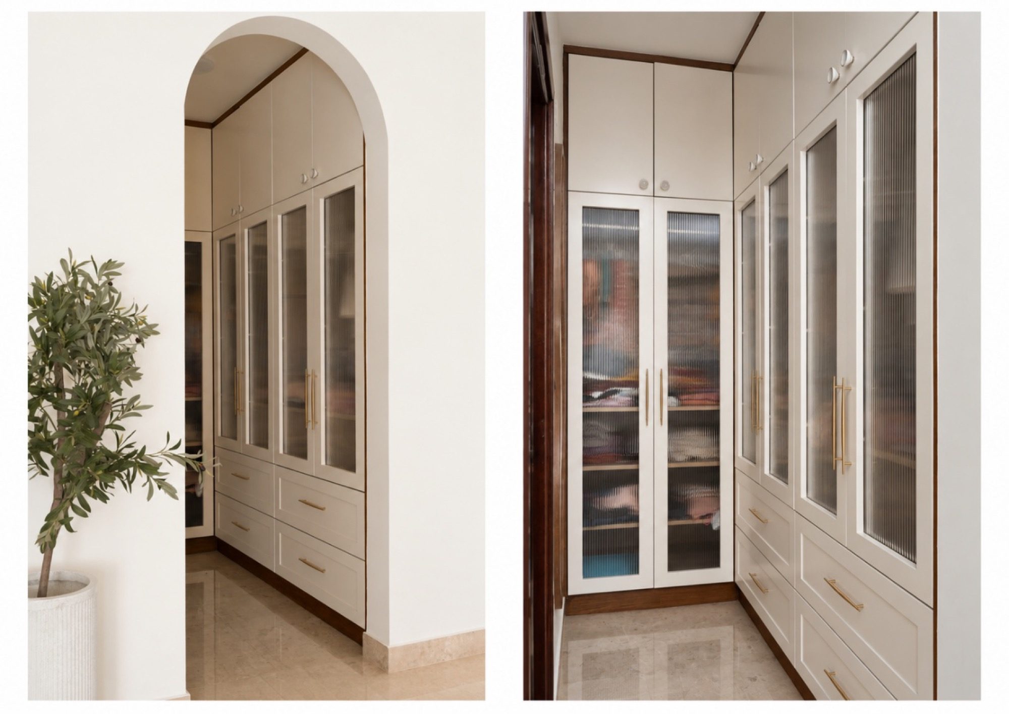 Built-in storage and display along a room edge in Dwelling