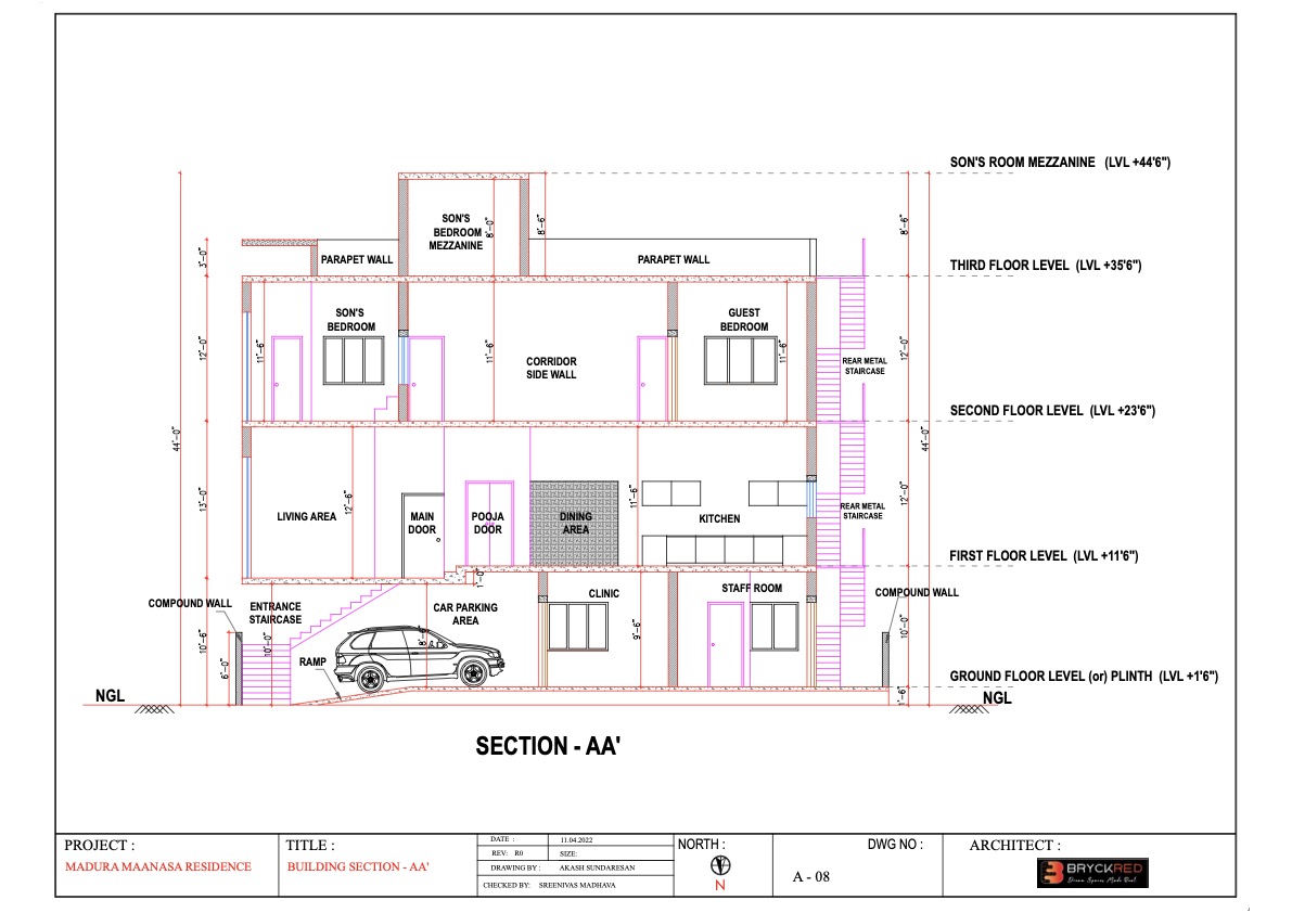 Section AA′ records the vertical programme of the residence, from parking, clinic and staff areas at ground level to collective domestic spaces, bedrooms and the son’s-room mezzanine above.