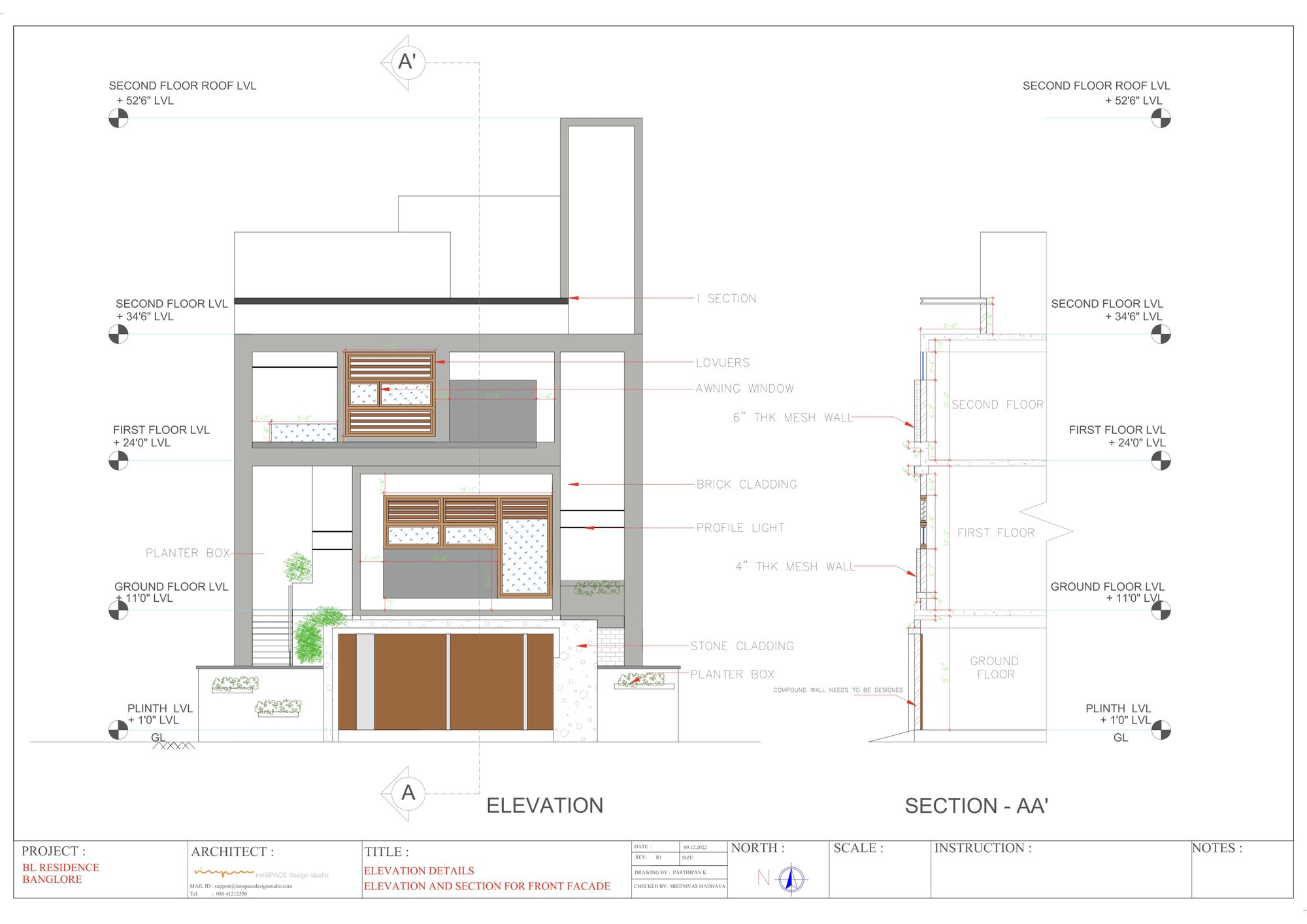 An elevation detail of the residence, showing how the courtyard, staircase and levels read on the face of the house.