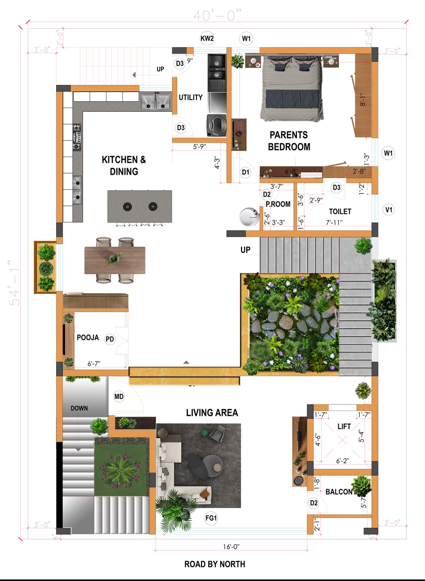The first-floor plan places the parents’ bedroom on the same domestic level as the kitchen, dining, puja and principal shared spaces; the lift and staircase connect this level to the rest of the house.
