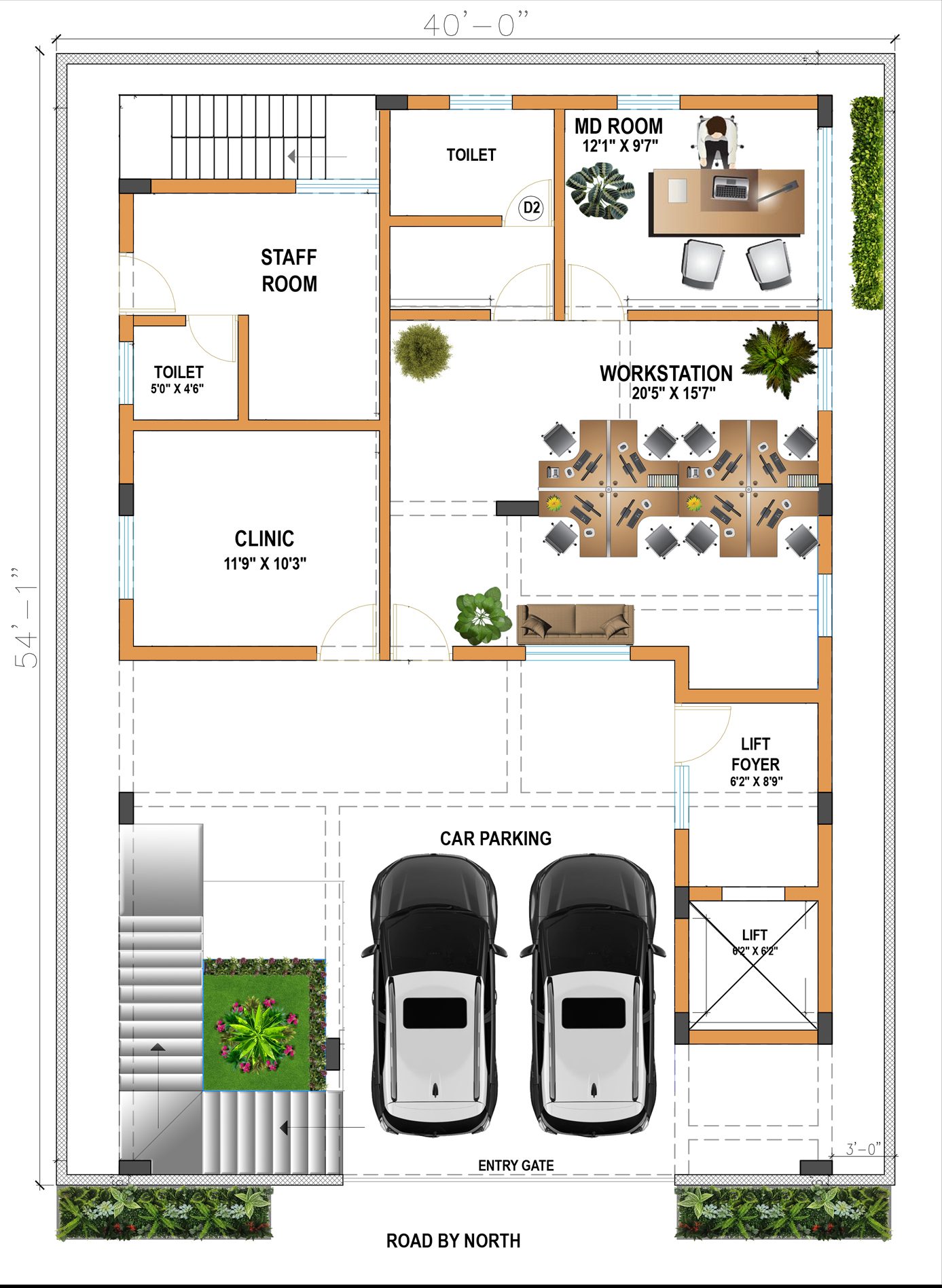 The ground floor concentrates parking, professional and support functions on one level — clinic, workstation, MD room and a lift foyer connecting vertically to the domestic levels above.