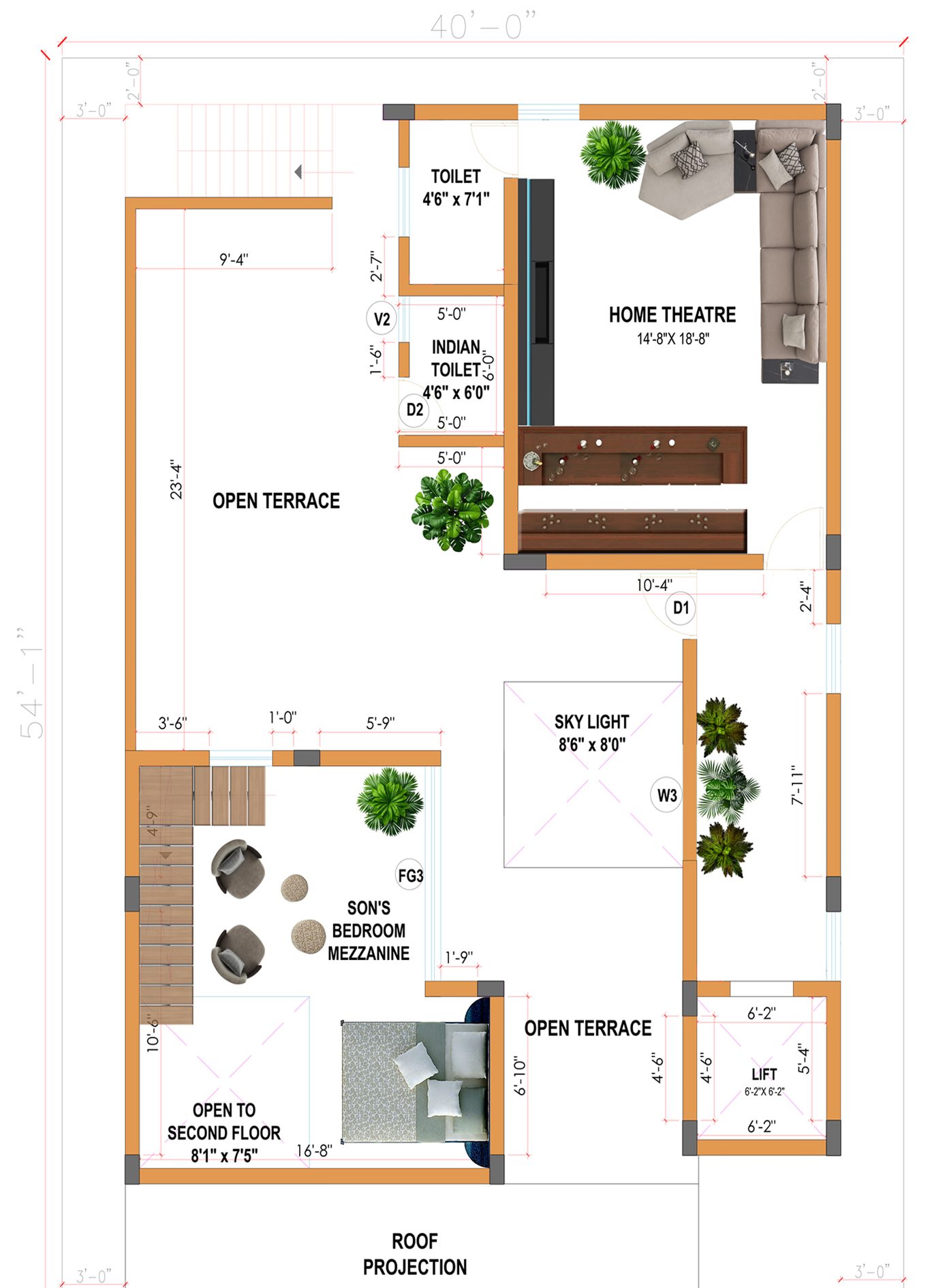 The uppermost plan combines a room labelled Home Theatre, open terraces, a skylight, the son’s-bedroom mezzanine and an opening to the floor below.