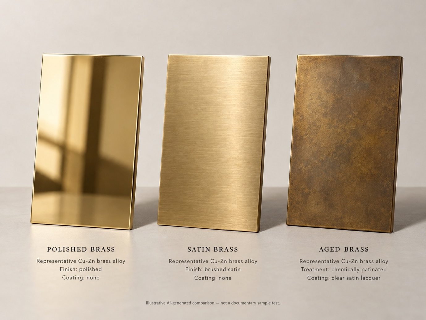 Three brass panels side by side — polished, satin and aged brass