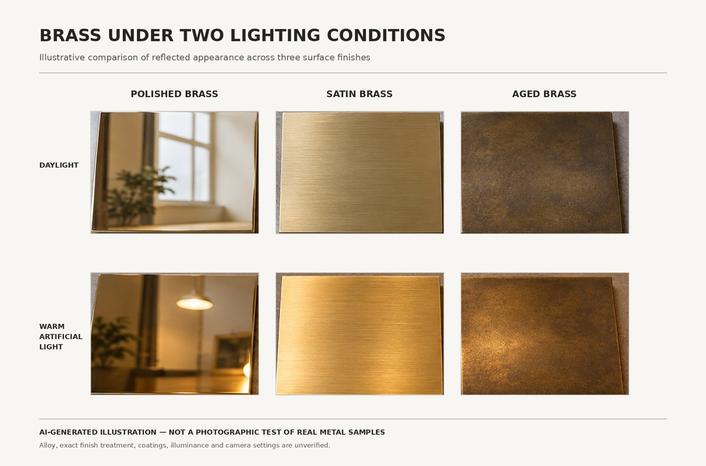 Illustration: polished, satin and aged brass compared under daylight and under warm artificial light