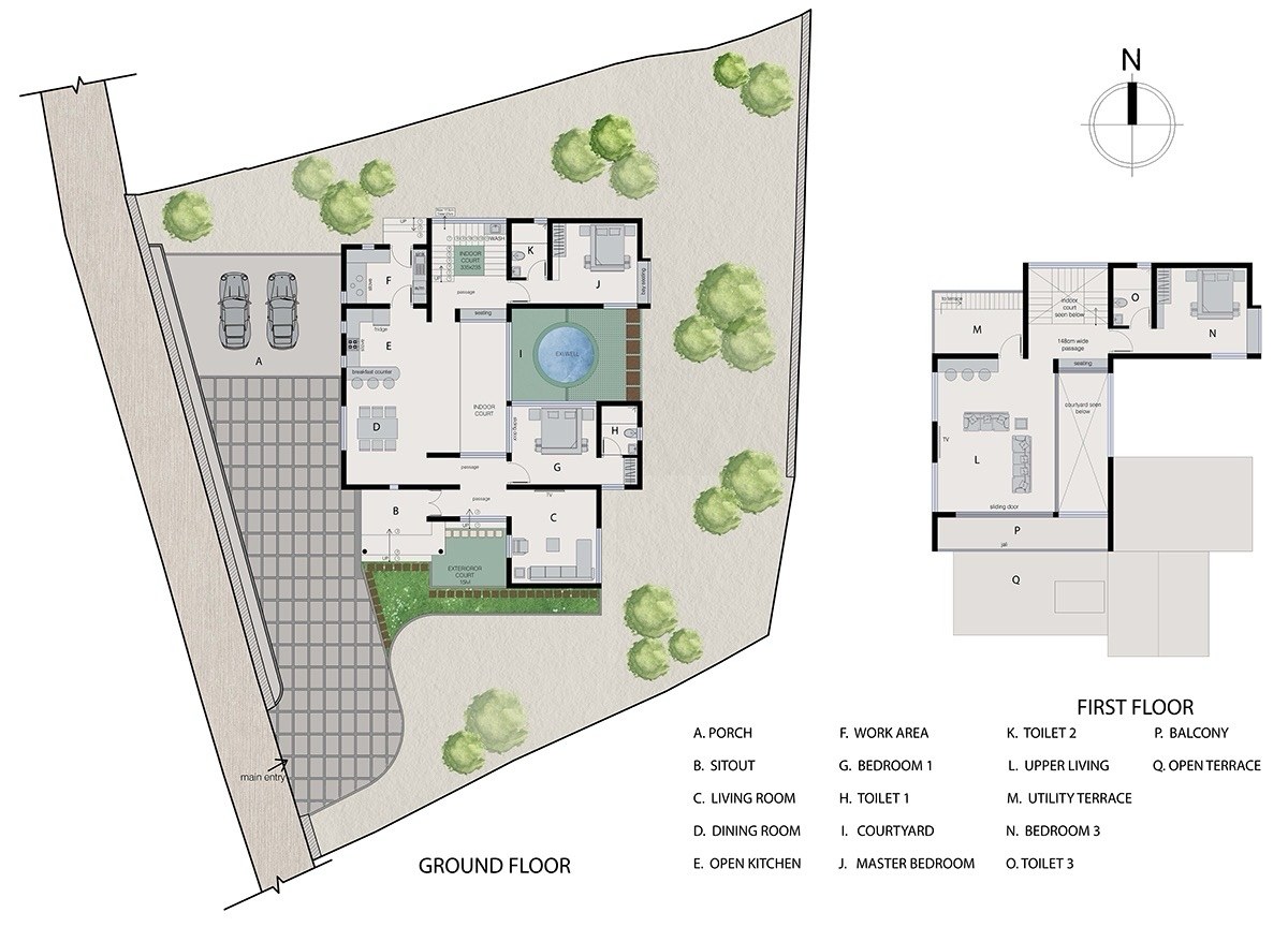 Ground- and first-floor plans of The Courtyard with the site, entrance court, central indoor court and well court, a north arrow and a lettered room key