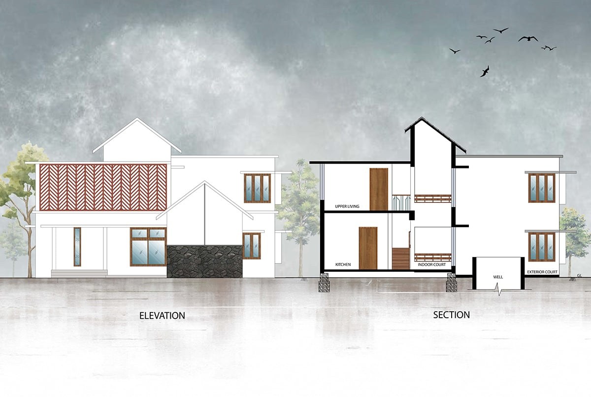 Elevation and section of The Courtyard — the pitched-roof exterior with its patterned screen, and a section through the kitchen, upper living and roofed indoor court
