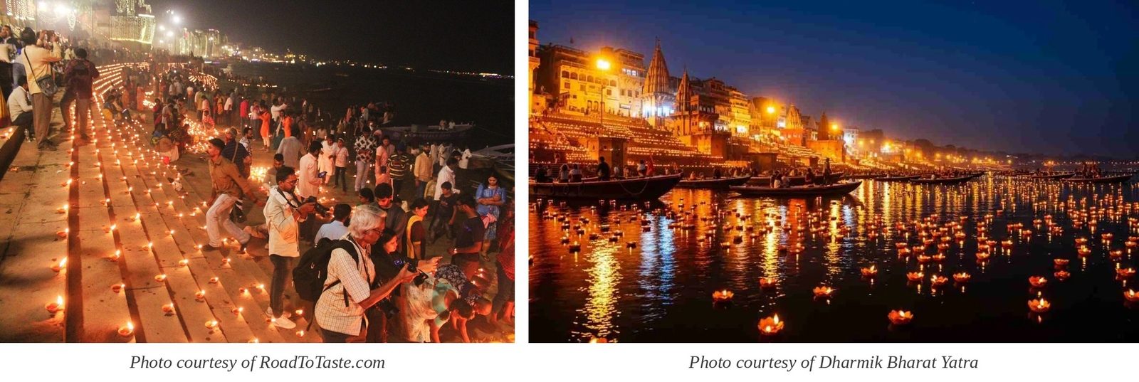 Two photographs of Dev Deepawali in Varanasi: people lighting rows of lamps along the ghat steps, and the lamp-lit ghats seen across the river