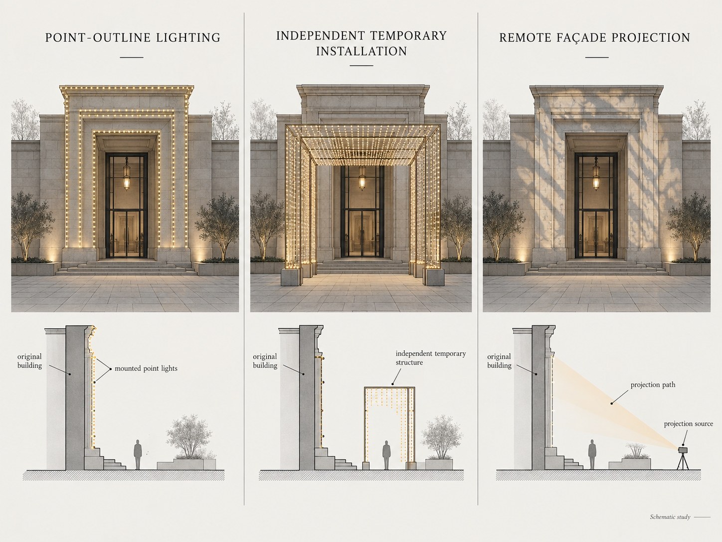 Comparison drawing of one stone entrance with three approaches — point-outline lighting, an independent temporary installation and remote façade projection — each with a section below